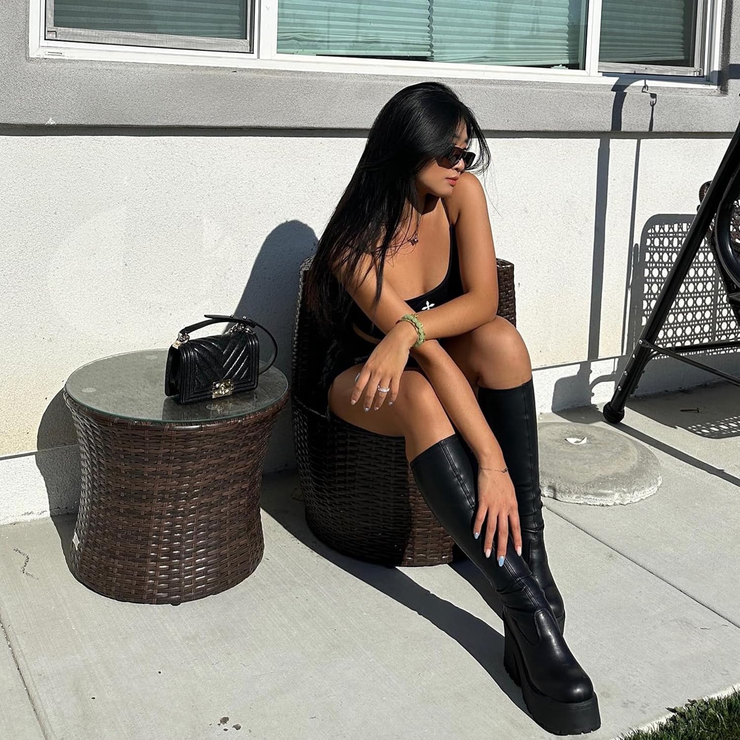 Atsroel Knee High Boots Women Black Boots For Women Platform Chunky Heel Elastic Combat Boots Women Round Toe Fashion Motorcycle Punk Goth Boots - Image 3