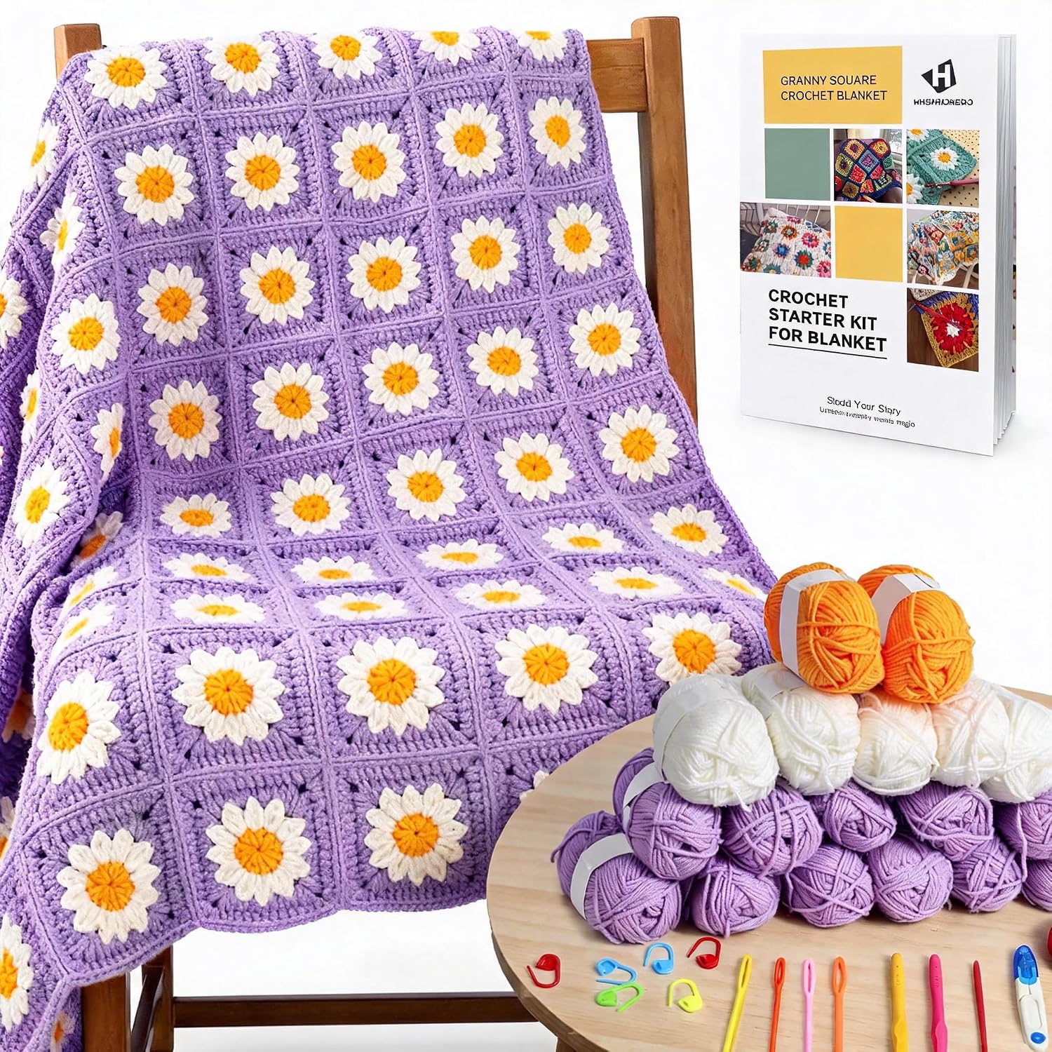 HHSarioneiro Crochet Blanket Kit for Beginners, Easy Granny Square Crochet Kit for Adults,with Step-by-Step Instructions and Clear Videos, Includes Multiple Accessories, Gift for Craft Lovers(Pink)