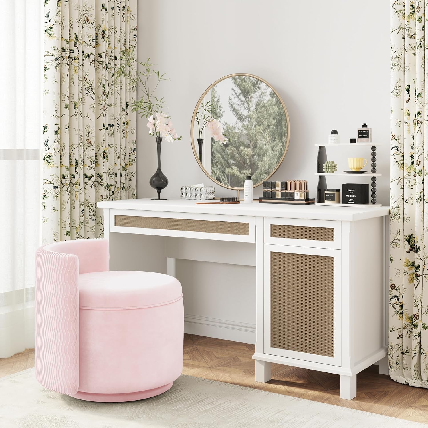 360° Swivel Accent Chair with Storage, Vanity Stool with Back, Velvet Storage Ottoman, Upholstered Round Barrel Vanity Chair for Living Room, Makeup Room, Bedroom (Pink)