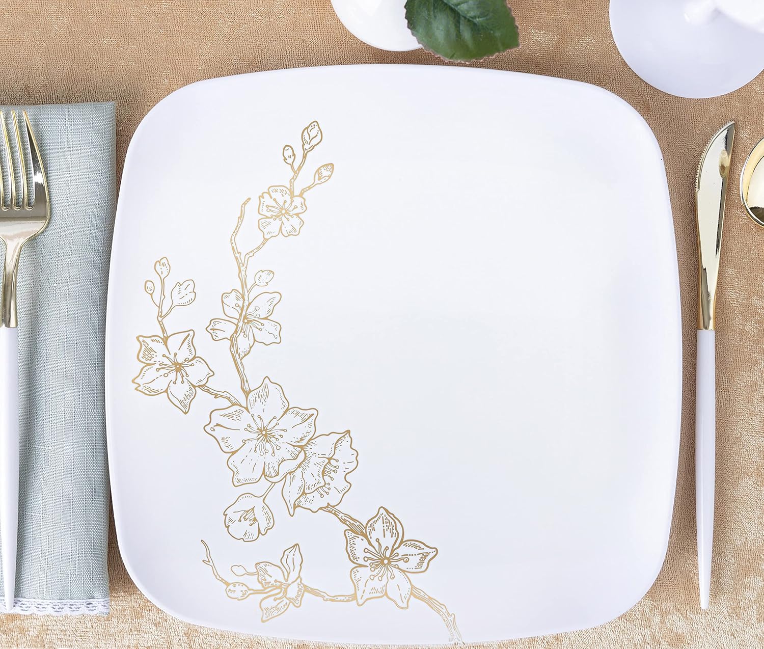 PLASTICPRO Square 32 Piece Combo Plates Set includes 16 x 7'' inch Salad Plates & 16 x 10'' inch Dinner Plates White Plastic Gold Buds Design Party Plates, Premium Elegant, Tableware, - Image 6