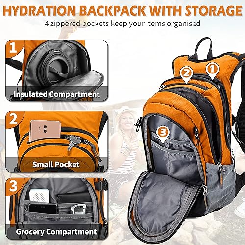 Miniatura 2 de SharkMouth Mochila de hidratación, paquete hidratado de senderismo con bolsa de agua de 2.5 L, organizador de múltiples bolsillos, dura largos