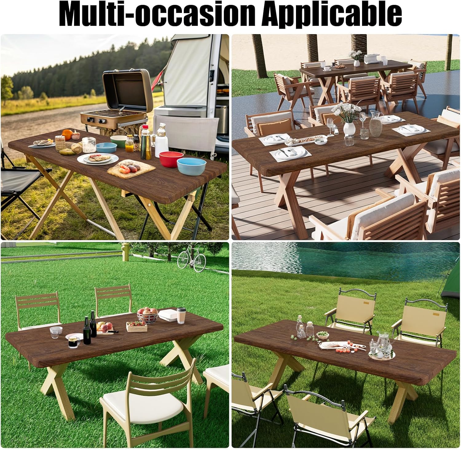 Smiry 2 Pack Rectangle Table Cloth 6 Foot, Waterproof Elastic Fitted Tablecloths, Windproof Washable Polyester Table Cover for Picnic, Camping, Outdoor (Brown, 30"x72")