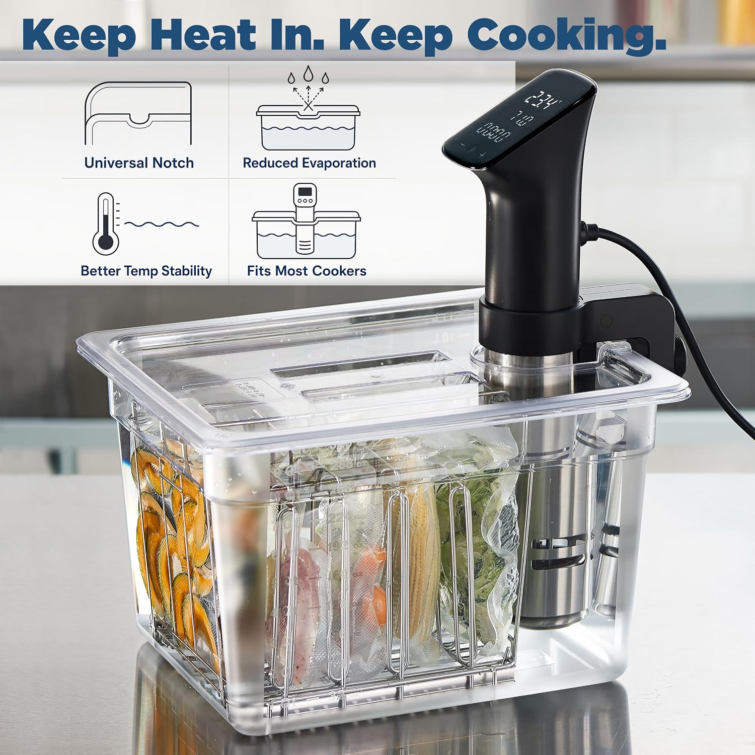 CURTA 12 Qt Sous Vide Container Kit with Notched Lid, Divider Rack & Insulating Sleeve, 1/2 Size 8" Deep Polycarbonate Water Bath, Fits Anova and Most Cookers (Immersion Circulator NOT Included)