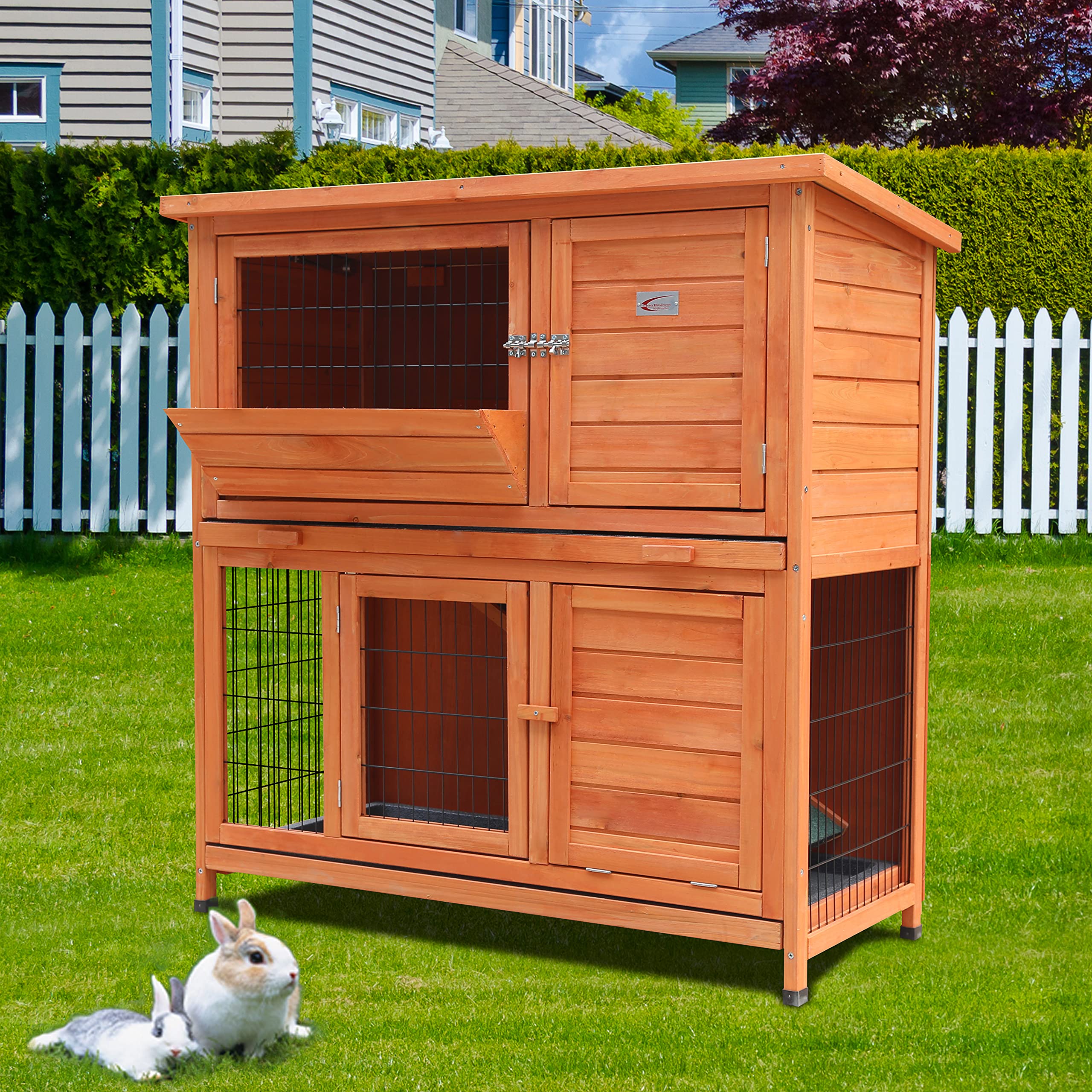 BUNNY BUSINESS 41" 2-Tier Double Decker Rabbit/Guinea Pig Hutch Hutches with Sliding Trays & Ramp (RED) — image 1
