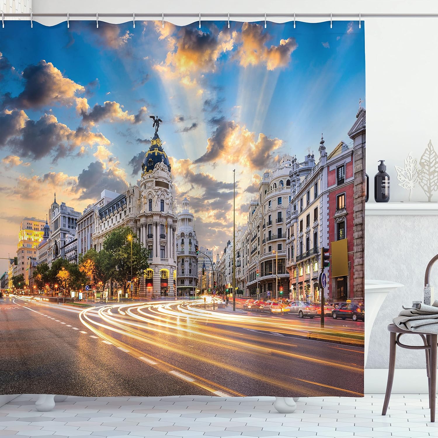 Ambesonne European Shower Curtain, View of The Streets Modern Madrid with Sky Landscape Big Old Town Heritage, Cloth Fabric Bathroom Decor Set with Hooks, 69" W x 84" L, Blue Brown