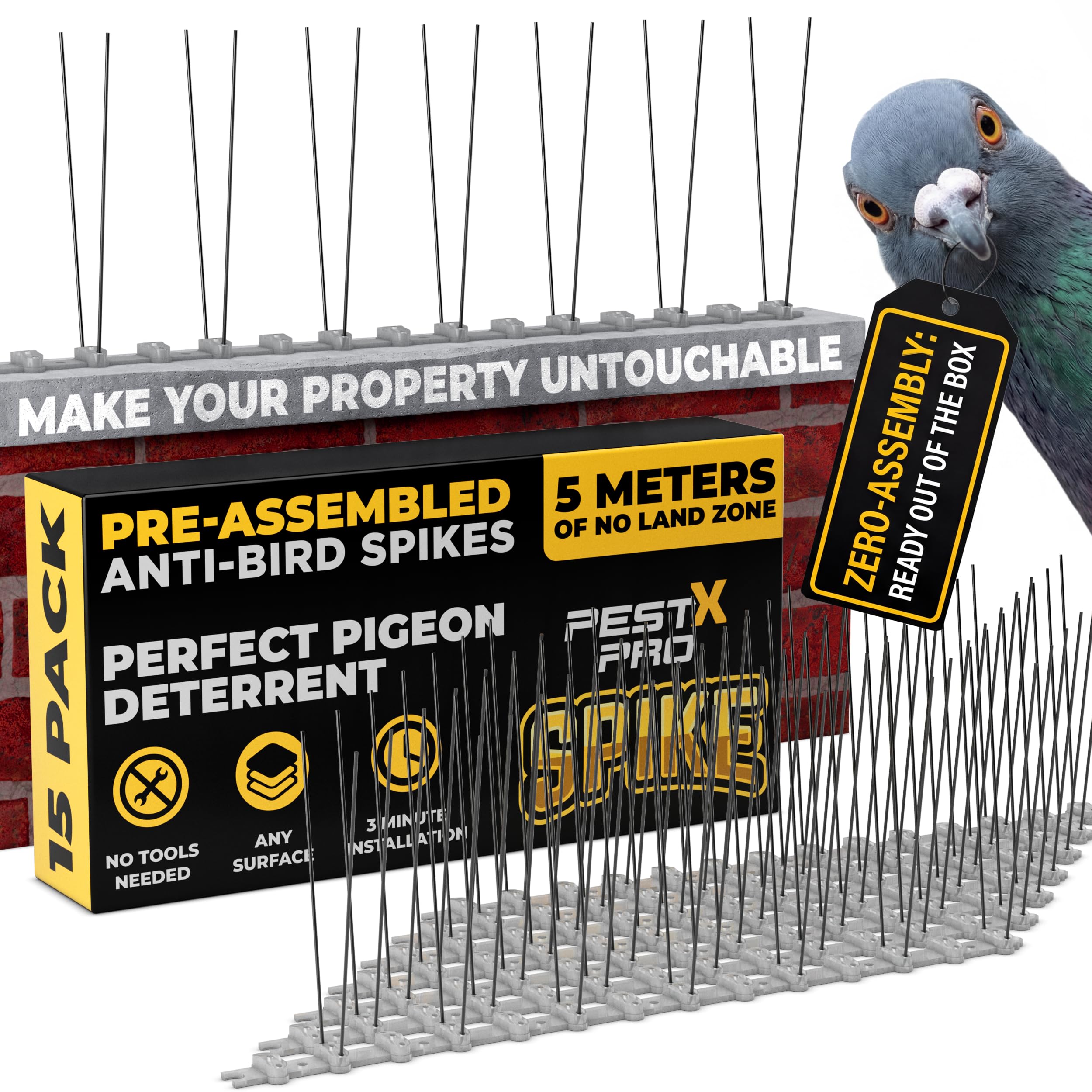 Pest-X Pro Bird Fence Spikes (3 Pack) - Metal Anti Pigeon and Bird Spikes for Roof, Fence Tops, Gutter – Durable Deterrent Spike Strip - Seagull, Squirrel & Pigeon Prevention Barrier (15M Coverage)