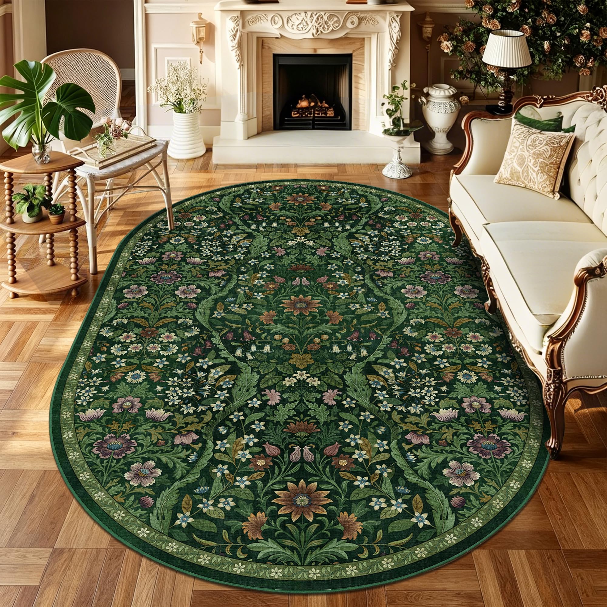 6x9 Oval Washable Rug Green Floral Indoor Non Slip Boho Carpet