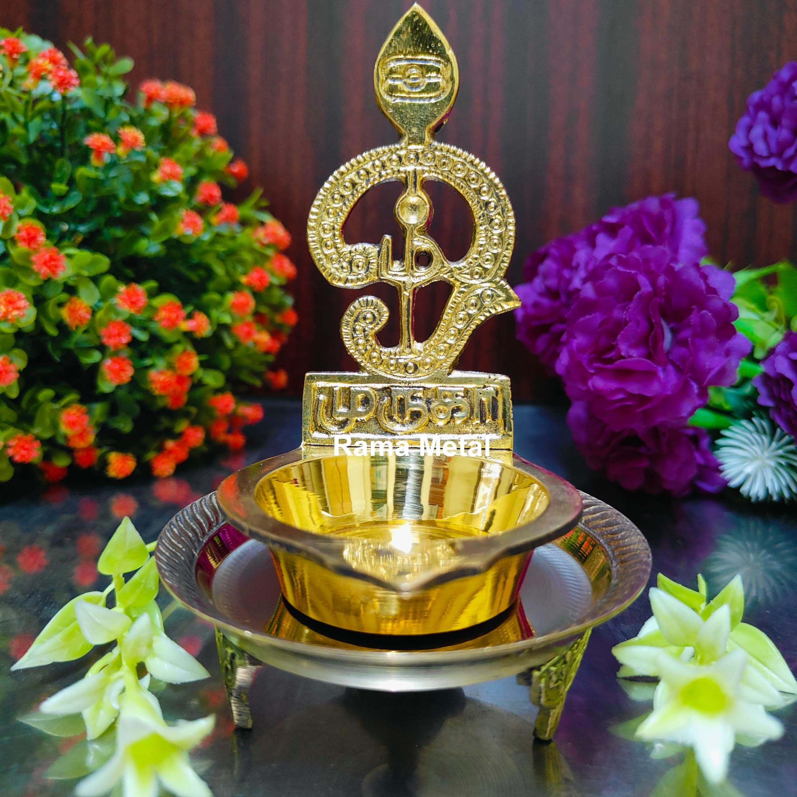 RAMA METAL Brass Om Vilakku | Muruga Vel Diya | Oil Lamp with Stand