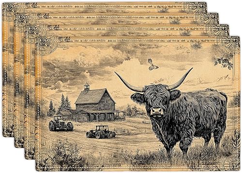 Miniatura 42 de Juego de 6 manteles individuales de flores amarillas de granja, manteles individuales rústicos florales, manteles individuales de primavera lavables