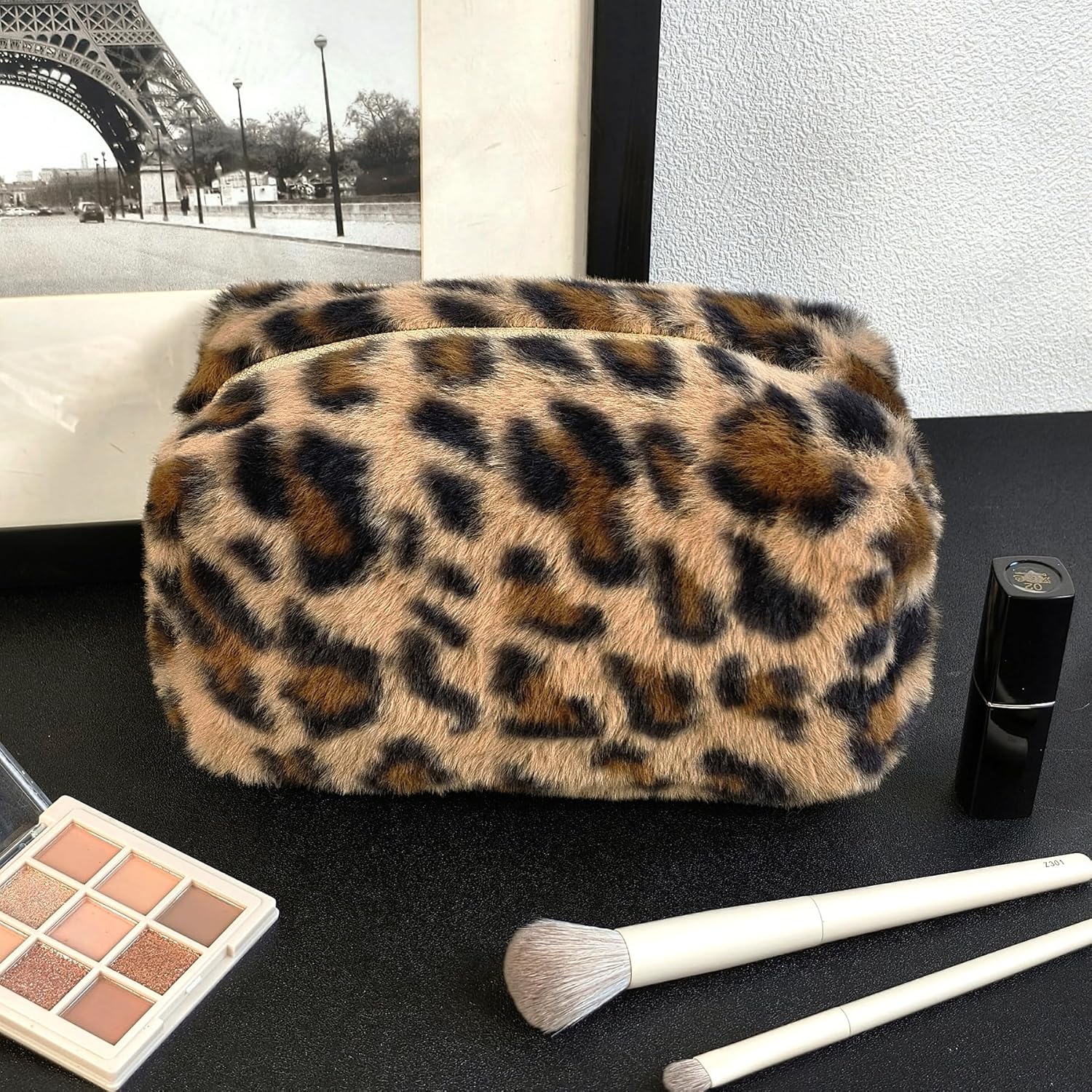 STARDW Leopard Print Makeup Bag - Plush Faux Fur Travel Cosmetic Pouch with Zipper - Image 2