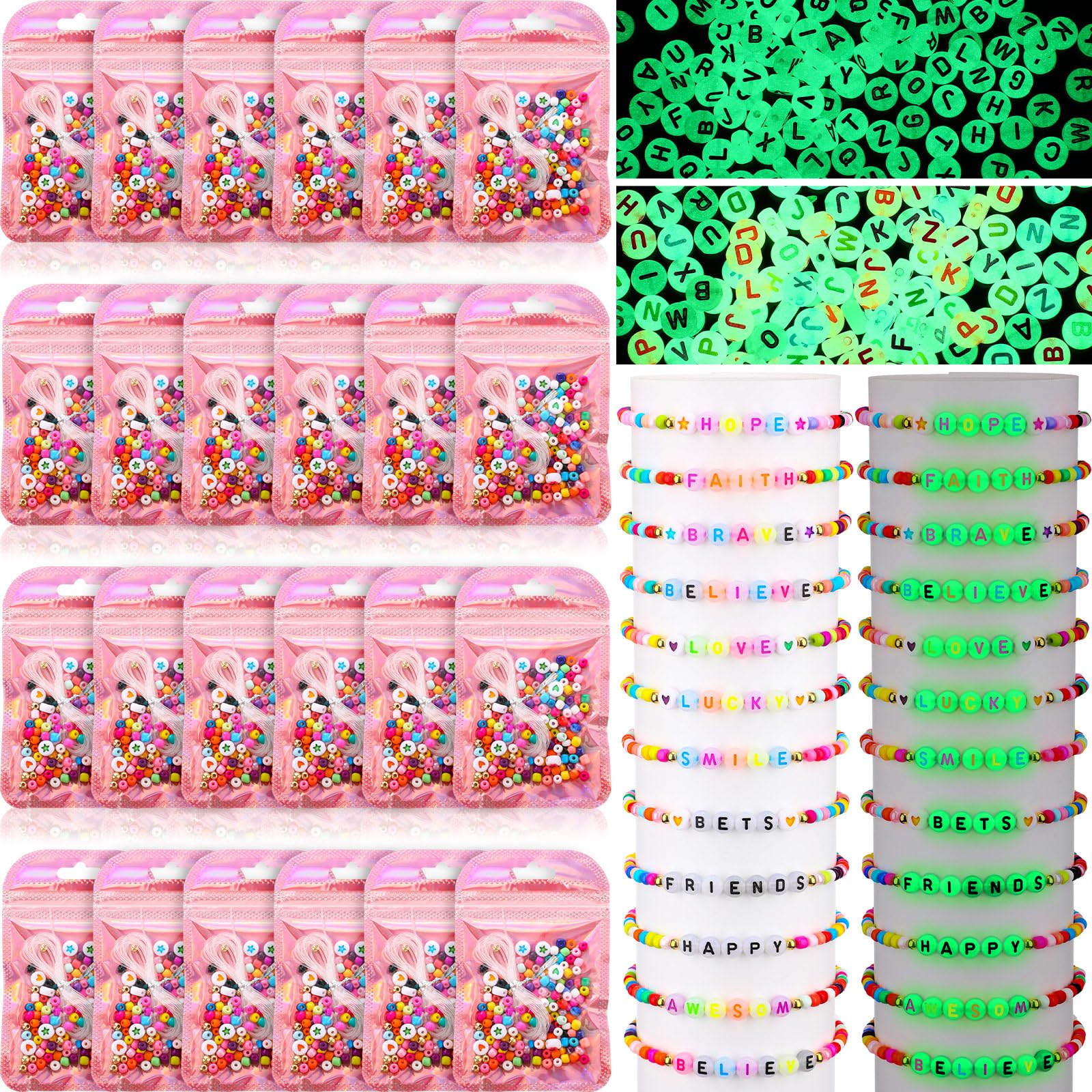 Photo 1 of ***PARTIAL SET/ MISSING PIECES*** Kenning 24 Set Friendship Bracelet Making Kits Glow in The Dark Letter Beads DIY Jewelry Supplies Colorful Various Beads Set Personalized Bracelet for Christmas Wedding Birthday Gift Craft Wrapped