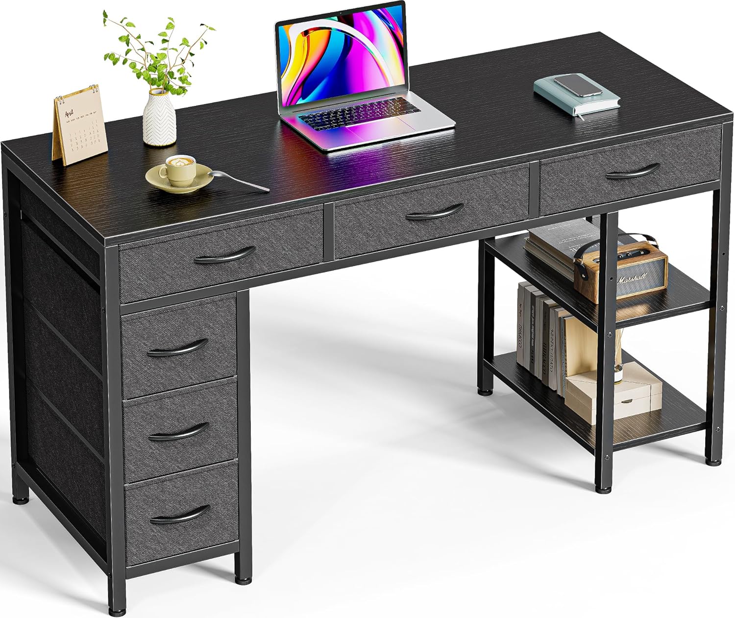Computer Desk with 6 Drawers, 47 Inch Office Desk with Shelves, Reversible Gaming Desk, Corner Desk with Storage, Work Desk for Home Office, Study, Living Room, Black 47 inch Black