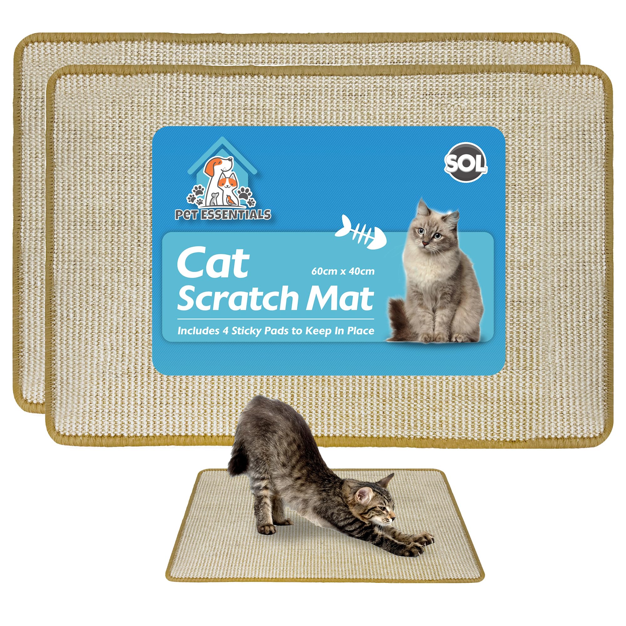 2pk Cat Scratch Mat, 60cm x 40cm Cat Scratching Mats, Durable Sisal Fabric with Anti-Slip Backing, Protects Furniture & Sofa, Encourages Healthy Scratching, Perfect for Play & Claw Maintenance
