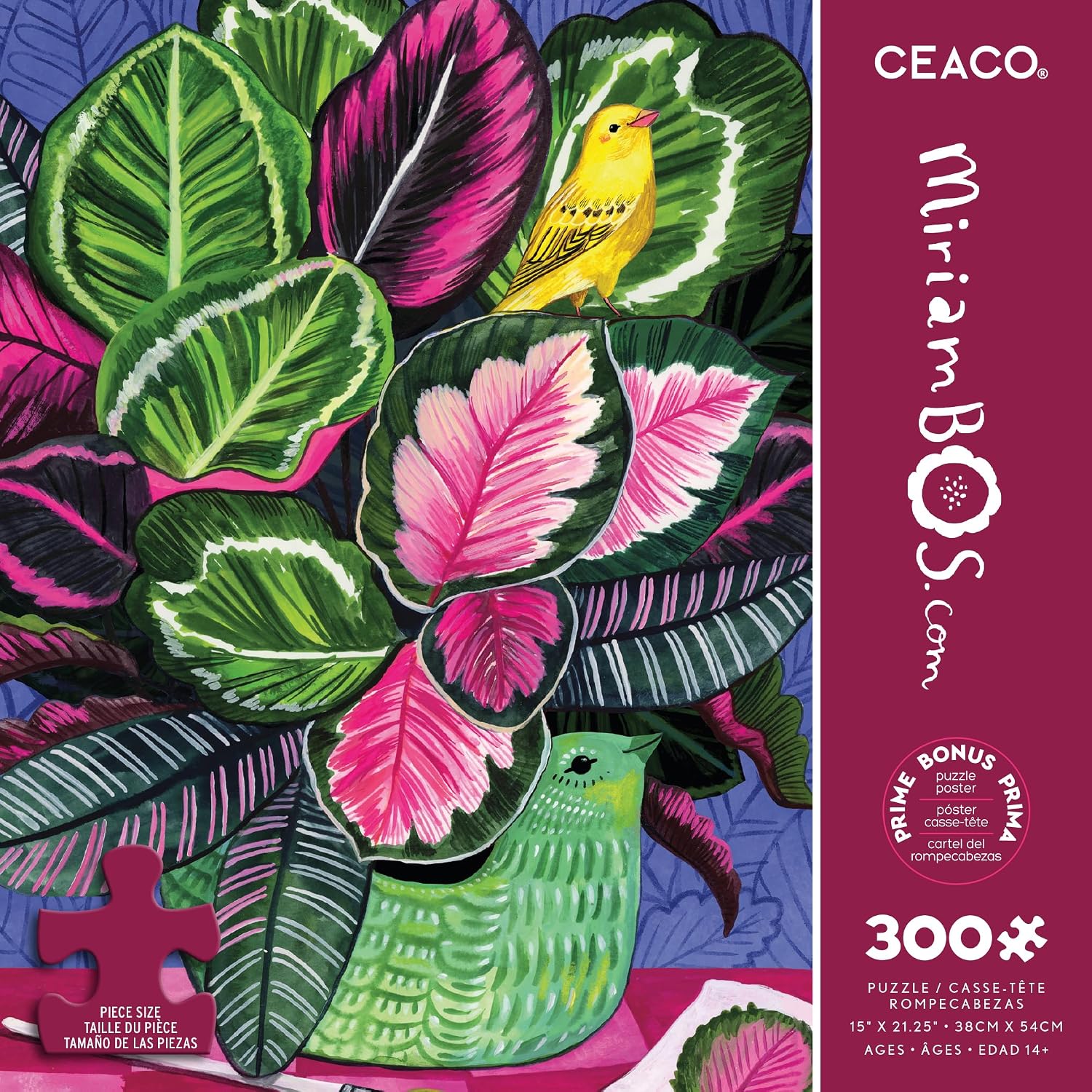Ceaco - Large Piece Jigsaw Puzzle - Miriam Bos - Calathea and Birds - Relaxing and Fun Activity for Adults