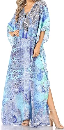 Sakkas Georgettina Flowy Rhinestone V Neck Long Caftan Dress/Cover Up