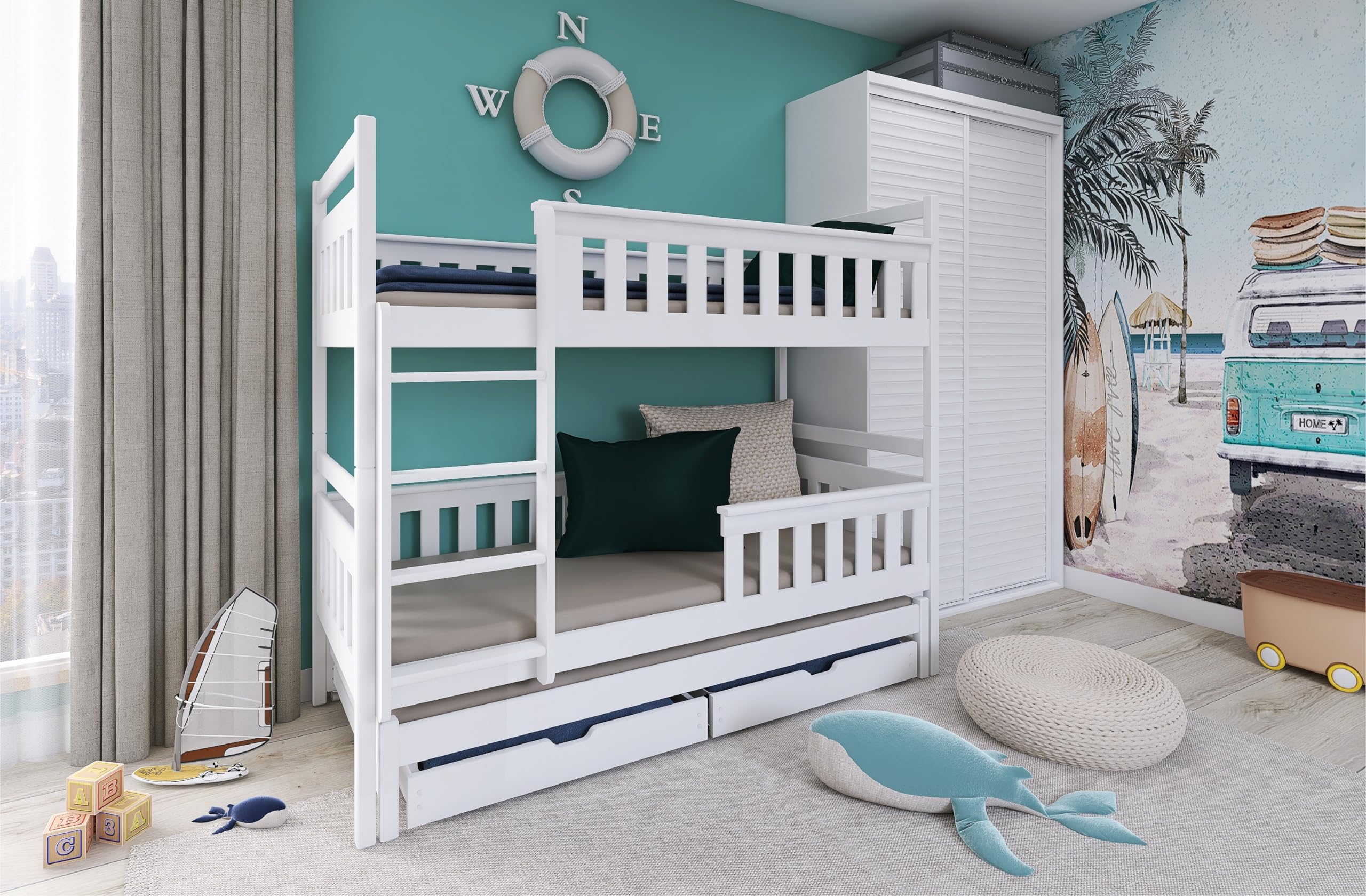 Kids Collective Hochbett 90x200 mit 3 Matratzen, Ausziehbett Etagenbett mit Ausziehfunktion, Zwei Schubladen, Lattenrost, Rausfallschutz umbaubar in DREI Einzelbetten, Vollholz massiv | weiß