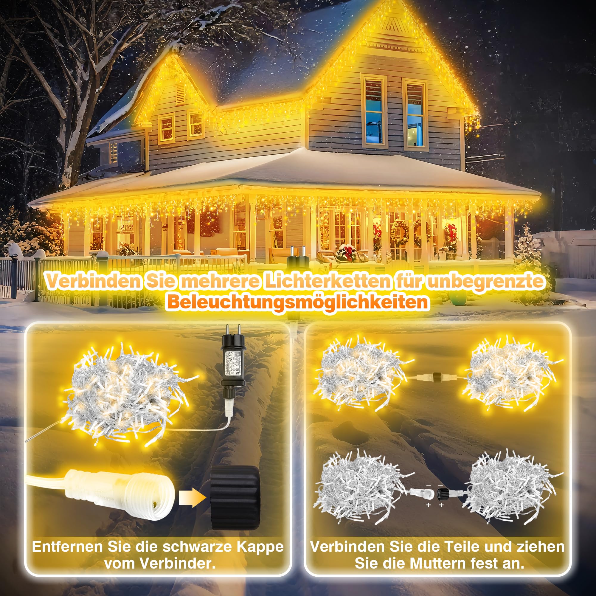 Xahpower Eisregen Lichterkette Außen, 18 m 624 LEDs Wasserdicht Lichtervorhang with Fernbedienung, 8 Modi, Wasserdichte Eiszapfen Lichterkette für Weihnachten, Hausdach, Balkon, Garten, Warmweiß