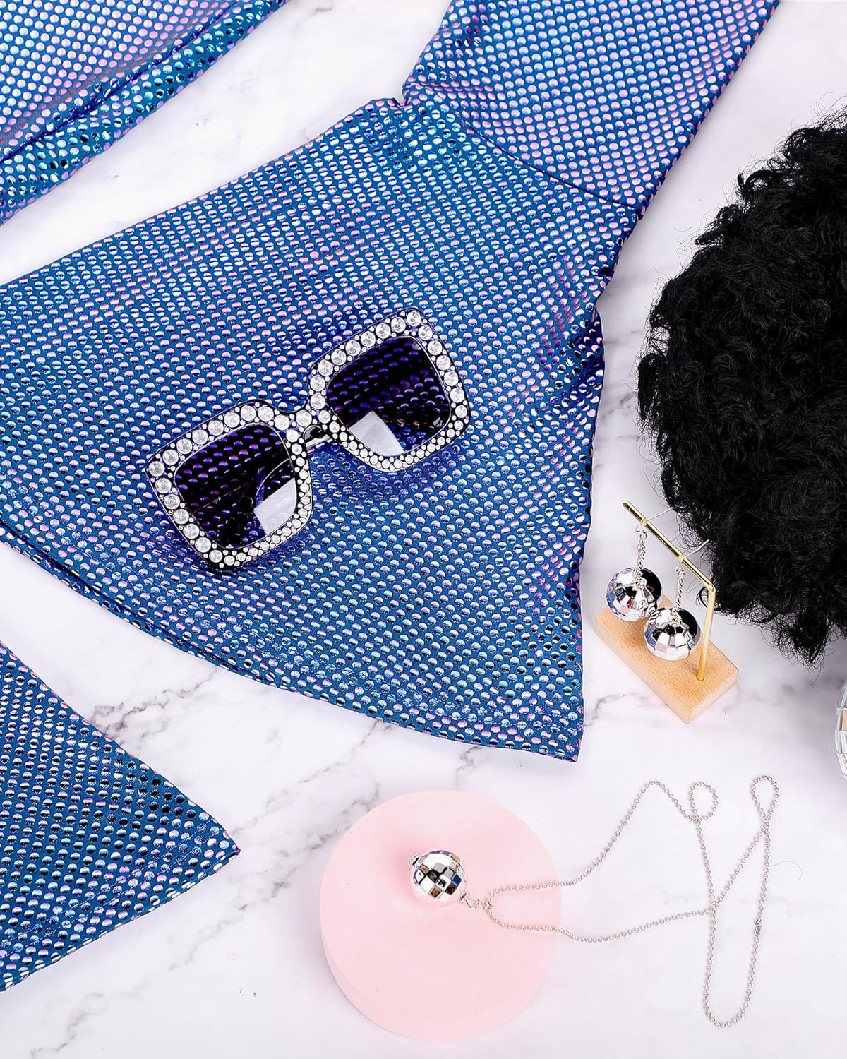 Jexine 70s Women Disco Outfit Costume Disco Party Top Pants Sunglasses Ball Necklace Earring Wig for Halloween New Year Eve - Image 4
