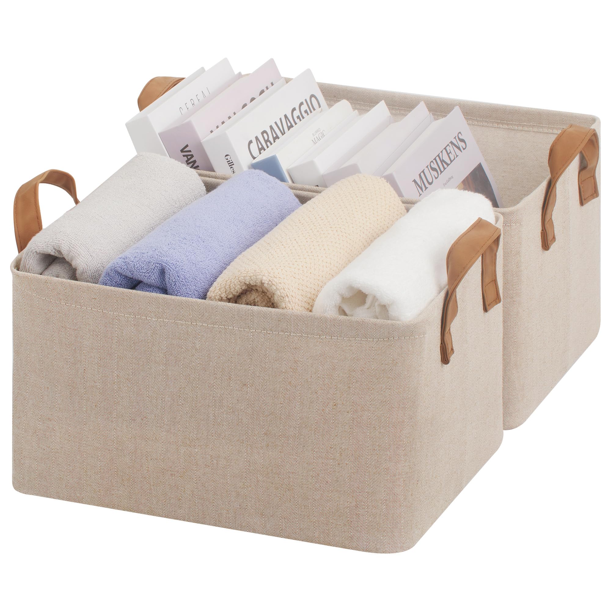 storageworks storage bins, fabric storage bins for shelves, storage baskets with metal frame, closet baskets and bins with handles, brown and beige, 2-pack