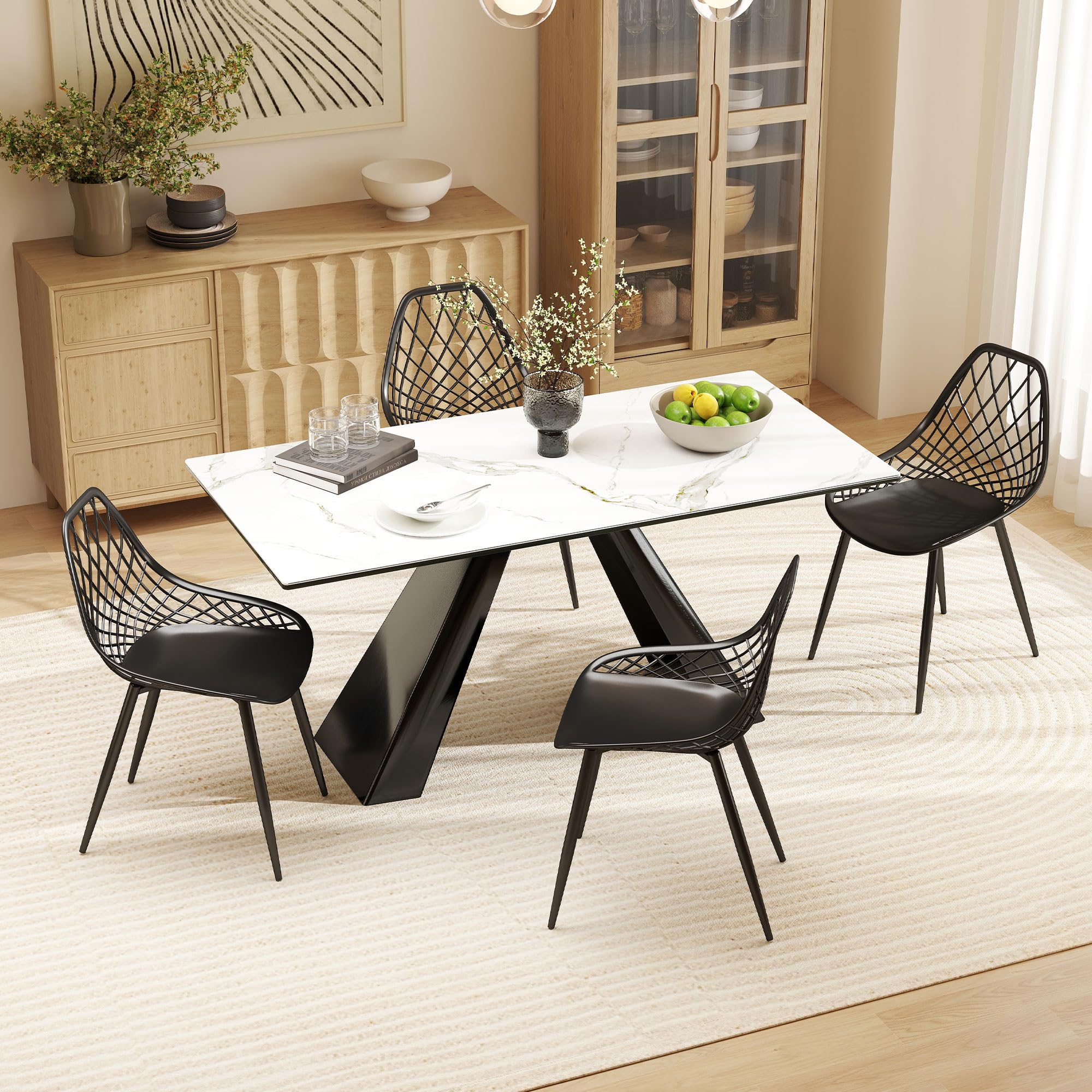 HOMCOM Set di 4 Sedie Sala da Pranzo con Schienale Curvo e Traforato Nero | Sedie Cucina Moderne, Gambe Metallo, Plastica, Cucina Camera Letto Soggiorno