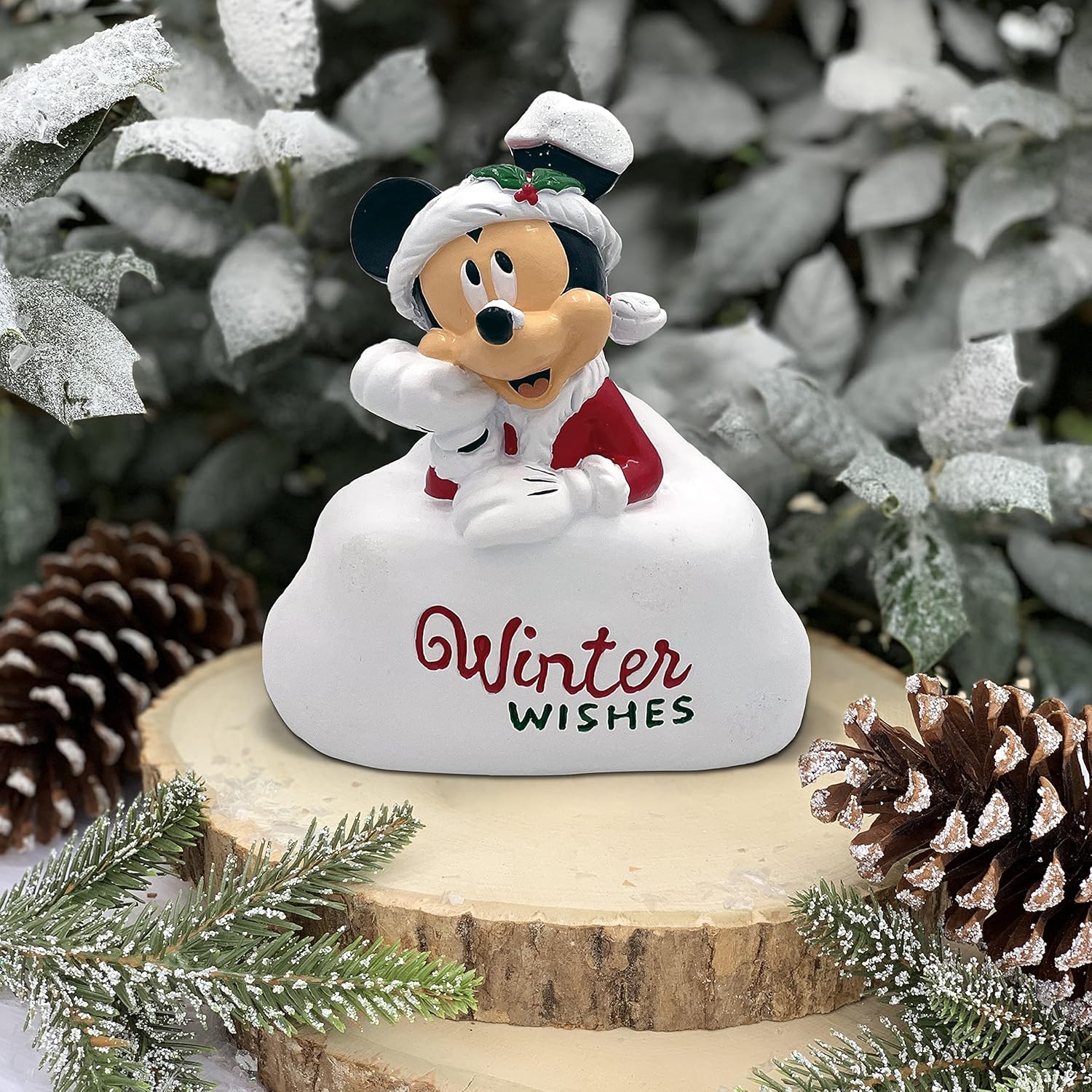 Disney Mickey Mouse Winter Wishes Glittery Snow Scene Christmas Outdoor Garden Statue, 5 inches Tall, Officially Licensed Disney Product