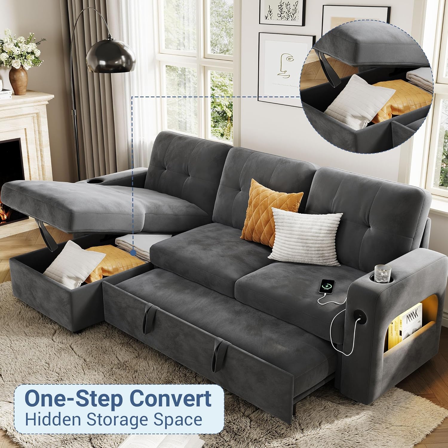 GarveeHome 84 Inch Sleeper Sofa Couch, L-Shaped Sofa, Convertible Pull Out Sofa Bed with Storage, Charging Station, Led Lights, Modern Sectional Sofa for Living Room, Apartment, Velvet, Dark Grey
