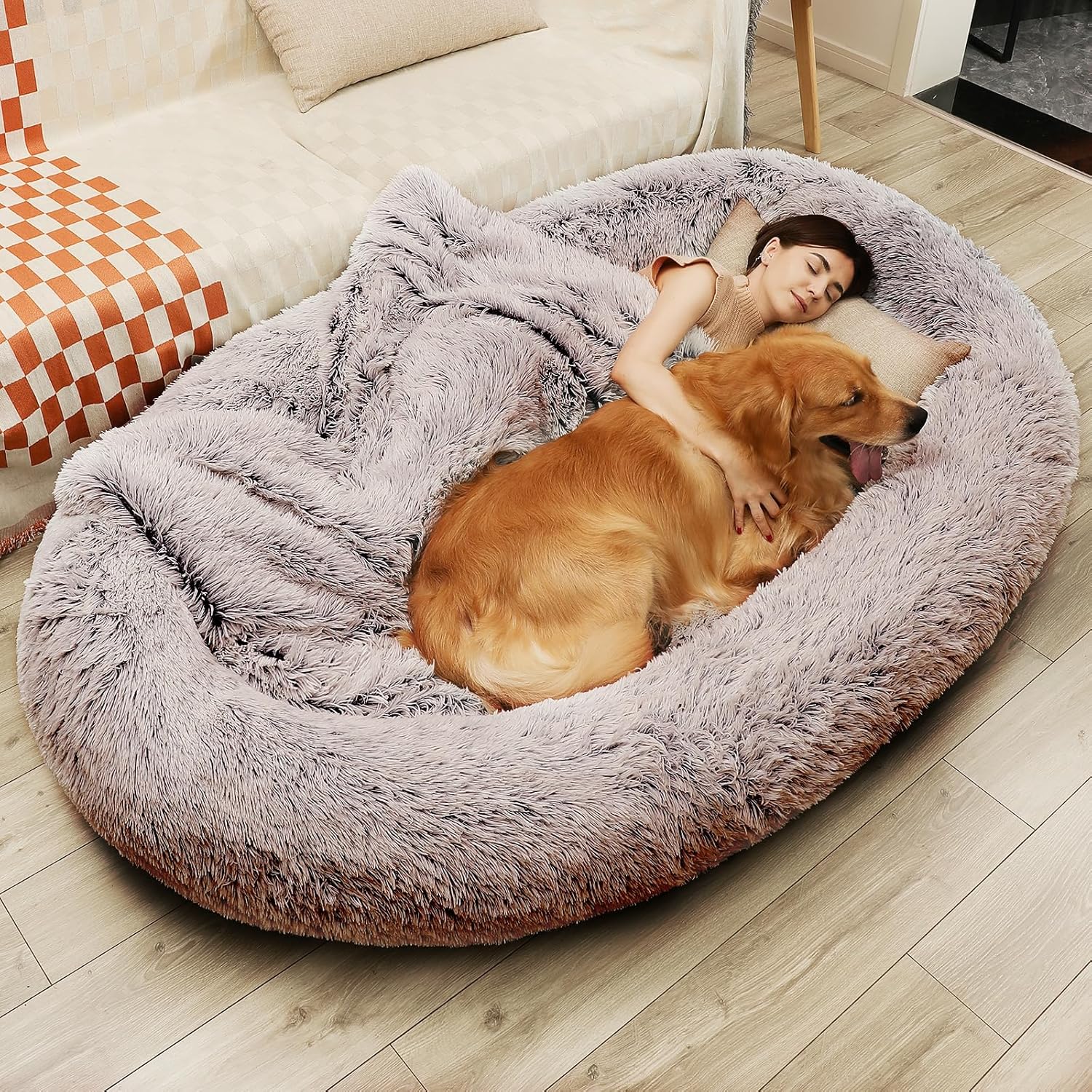 Large Dog Bed 75" L * 50" W * 14" Th Dog Beds for Large Dogs Giant Dog Bed Human Size Dog Bed for People 30D Sponge Bean Bag Bed Detachable Camel