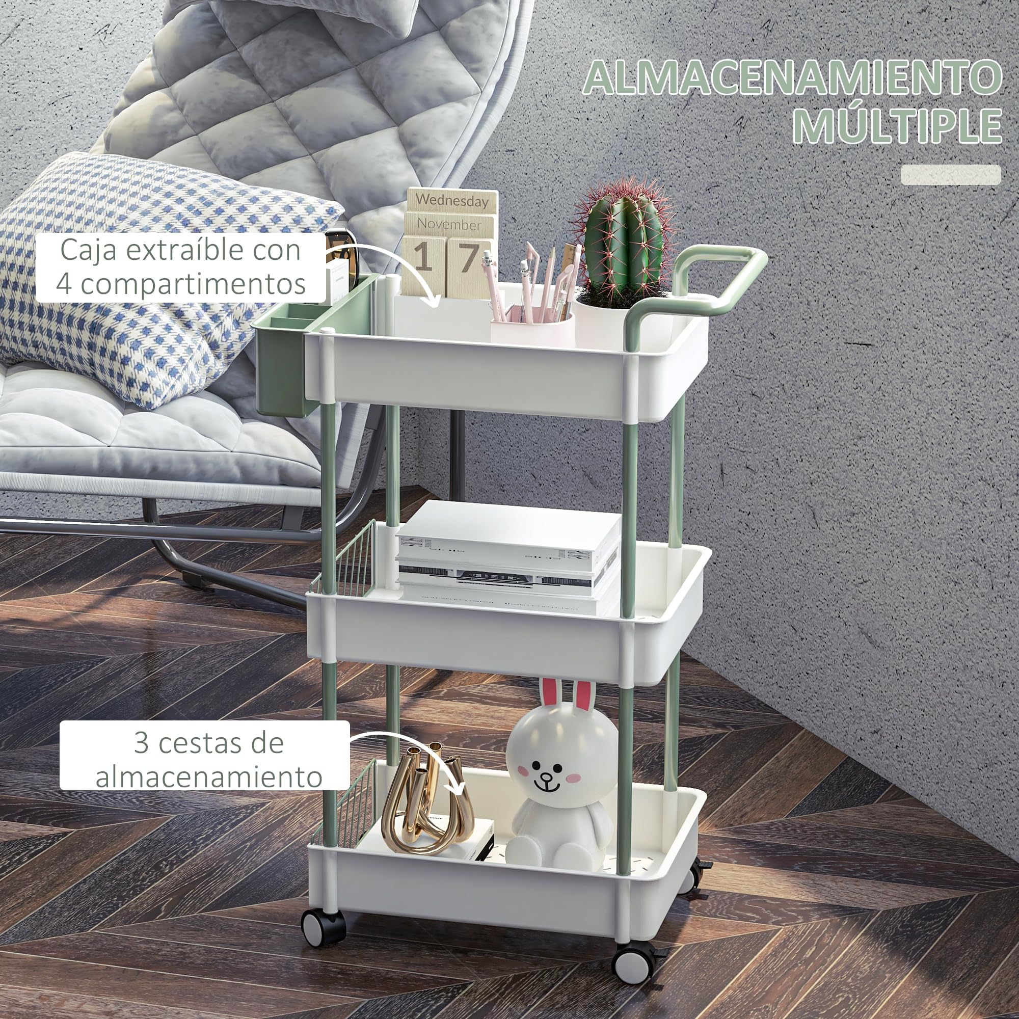 HOMCOM Carrito de Almacenamiento Carro Auxiliar con Ruedas de 3 Niveles Carrito de Cocina con Asa y Caja Extraíble para Baño Oficina Sala Comedor 50x29,4x77 cm Blanco