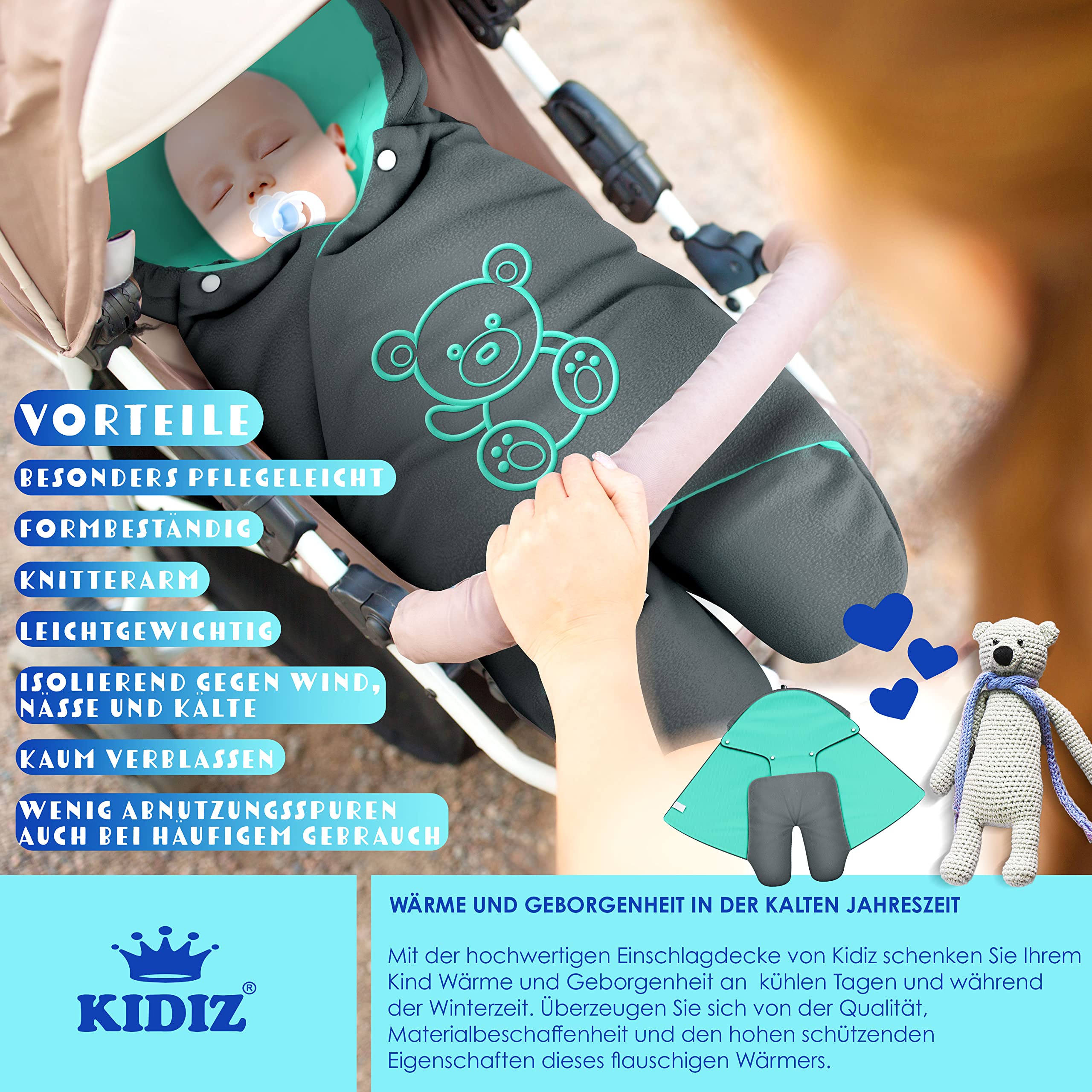 Kidiz® Baby Einschlagdecke Babyschale Winter Herbst Babydecke mit Tasche Universal Fußsack kompatibel mit Maxi-Cosi, Römer, Buggy, Kinderwagen & Autositz isolierend gegen Wind, Nässe & Kälte