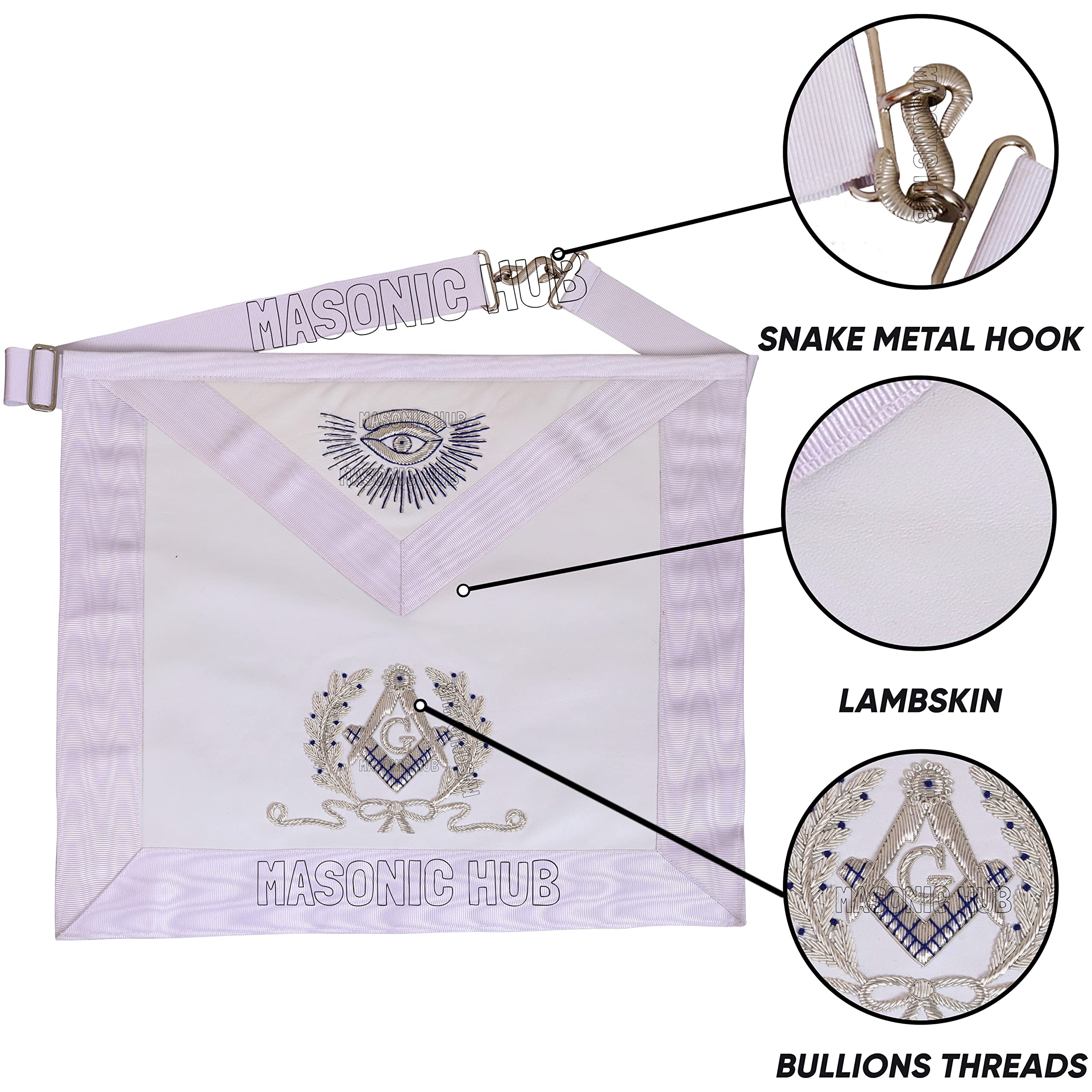 MasonicHub Delantal Mason blanco bordado a mano bullion cuadrado y brújula 100% piel de cordero masónico delantal, Plateado, Large