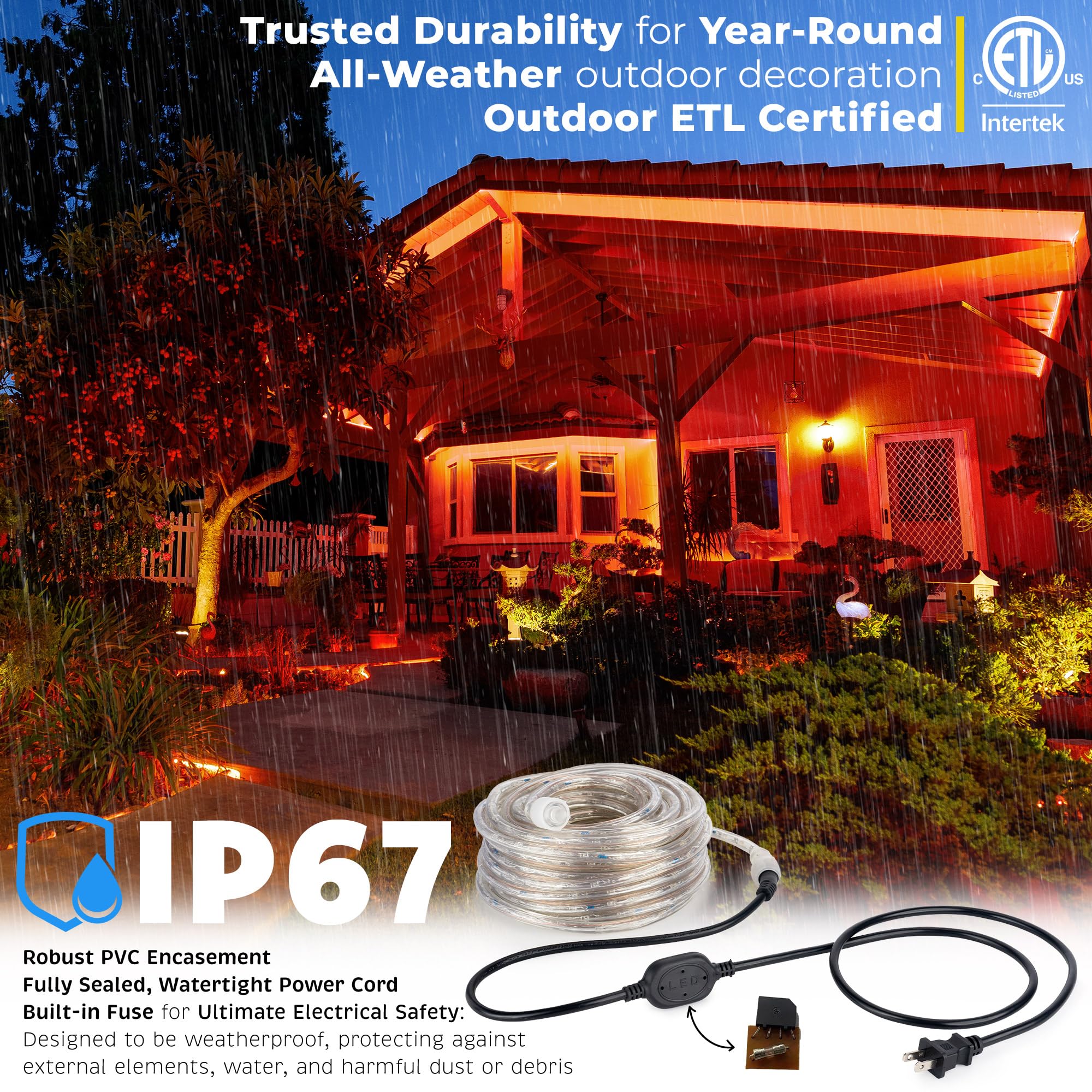 West Ivory 10ft Orange LED Rope Lights, Connectable Outdoor Permanent Waterproof Accent Exterior Lighting, Transparent PVC Case, ETL Certified, Holiday, Backyard Patio, Home Garden, Decorative