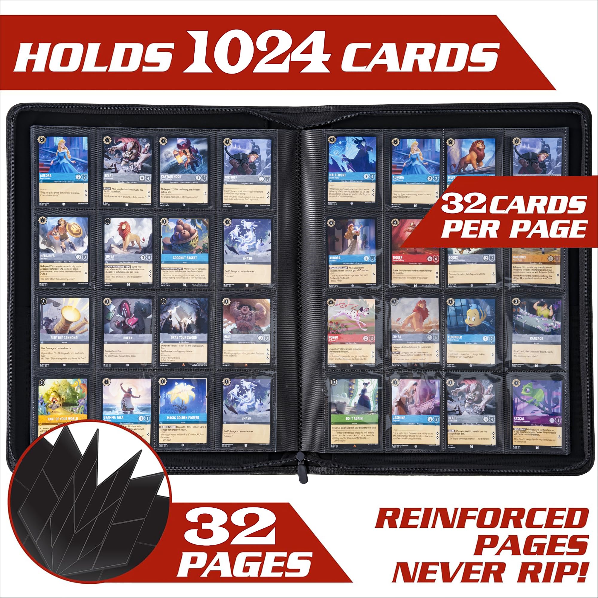 Raccoglitore per carte Lorcana, album di carte collezionabili premium da 16 tasche con maniche compatibile con 1024 carte Lorcana, gettoni e foglio di regole - rosso classico
