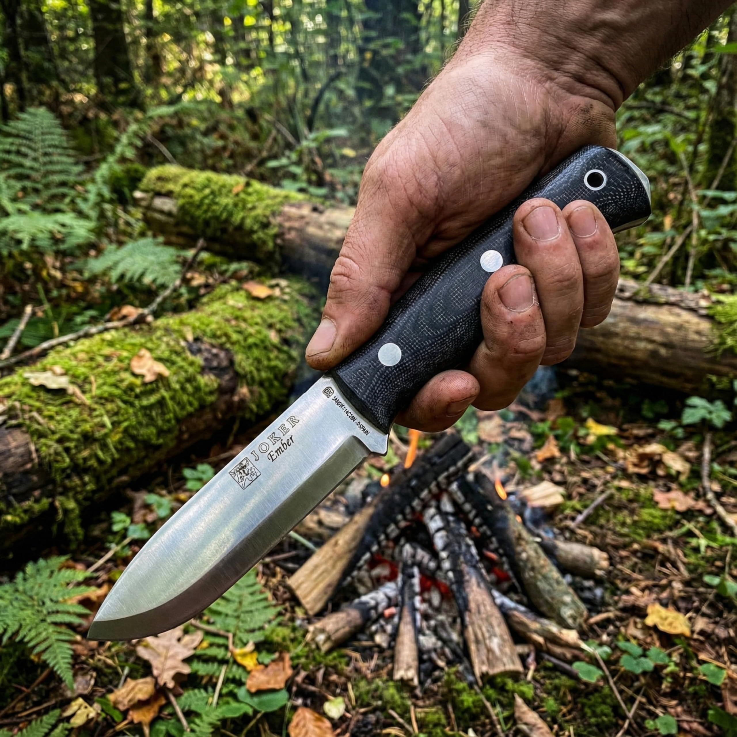 Joker Nóż survivalowy Ember Scandi CM122, ostrze 10,5 cm ze stali Sandvik 14C28N, uchwyt Micarta Canvas, skórzana pochwa, w zestawie z parakordem, narzędziem do wędkowania, polowania, na kemping i
