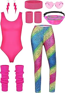 8 Pieces Women 80s Workout Costume Halloween 90s Outfit Accessories Set Leotard Bum Bag Glasses Headband Leg Warmers