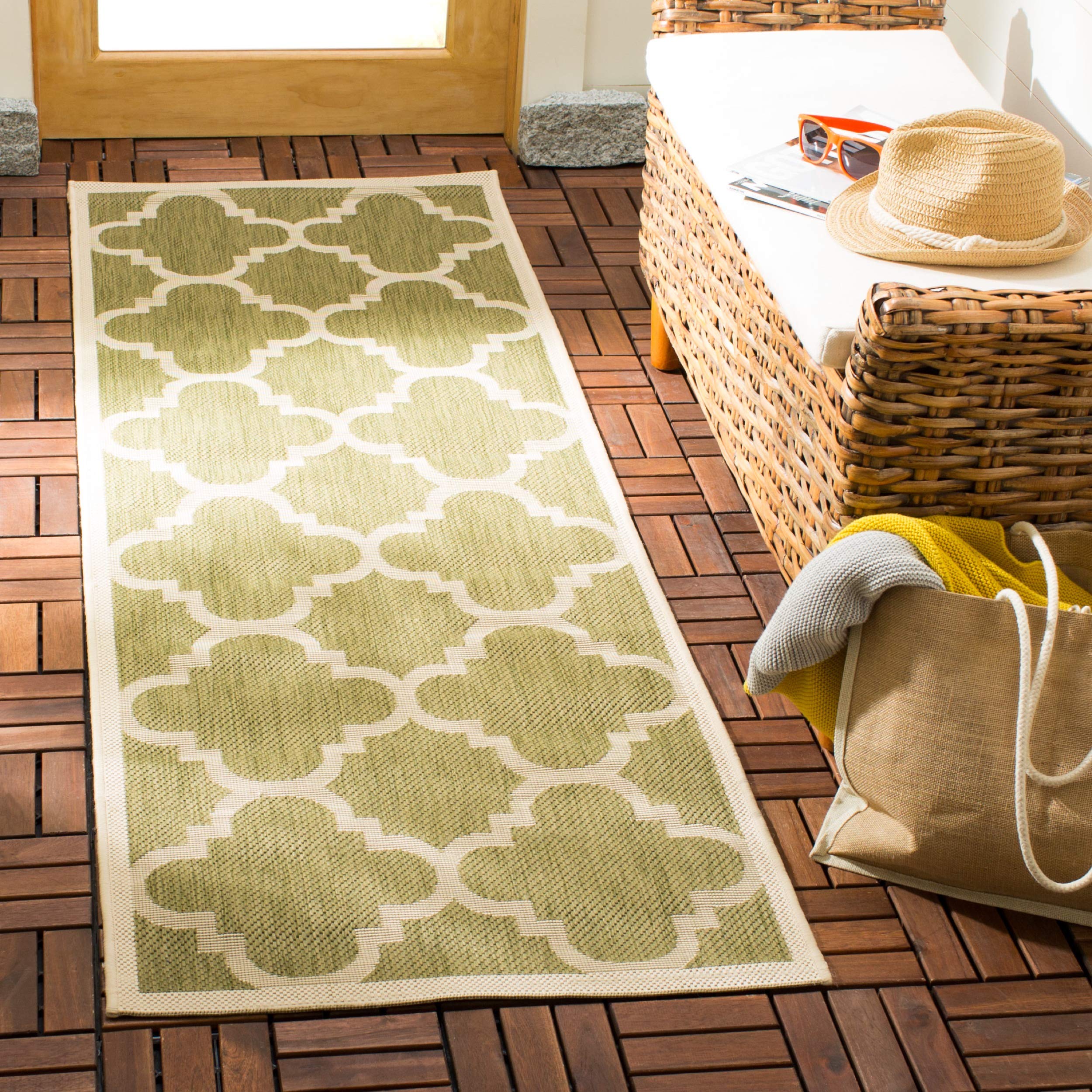 SafaviehCourtyard Collection 2' x 3'7" Green/Beige CY6243 Moroccan Trellis Indoor/ Outdoor Waterproof Easy-Cleaning Patio Backyard Mudroom Accent-Rug