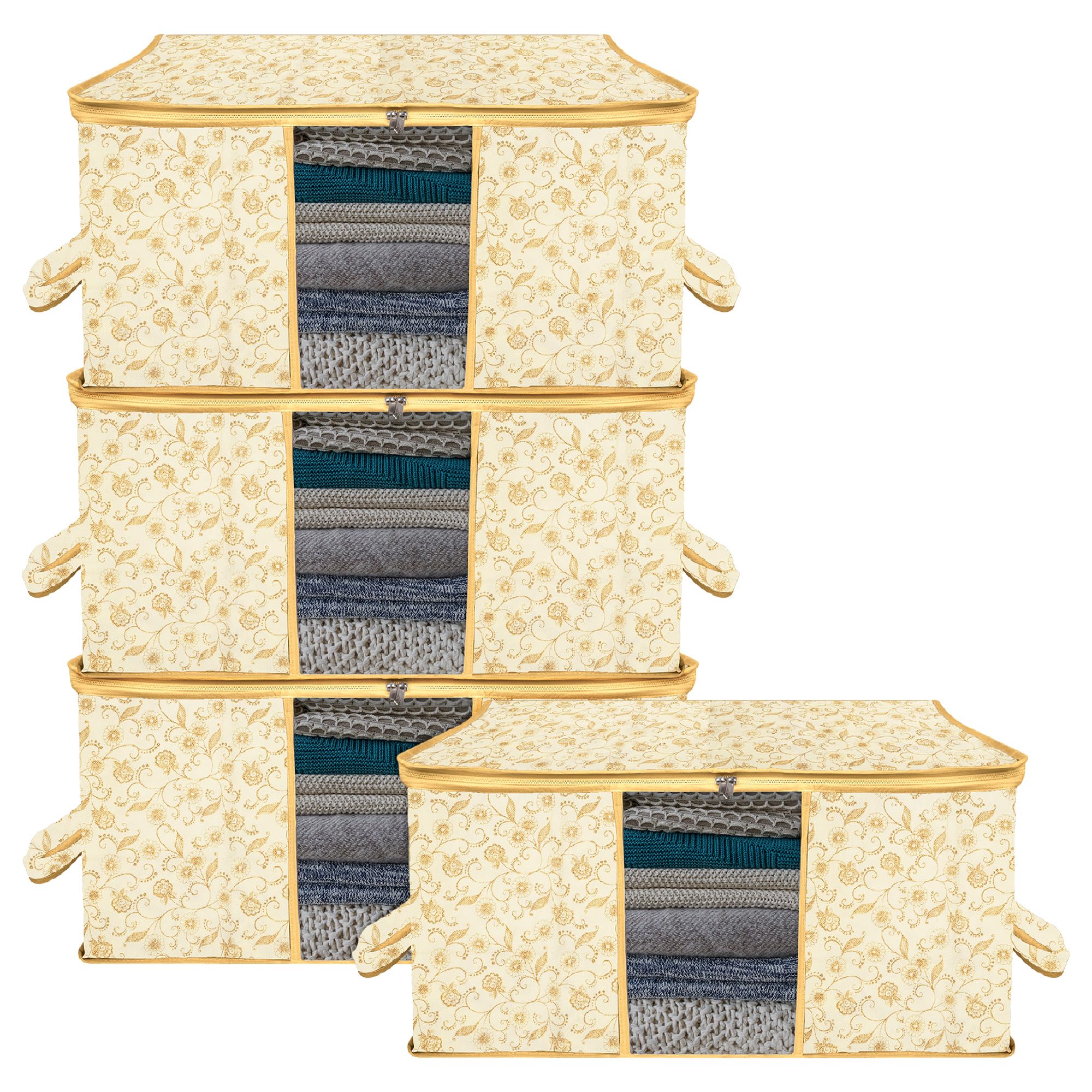 Kuber Industries Pack of 4 - Clothes Storage Bags | Large - Under-Bed Storage Bag | Foldable Blanket Storage Box For Comforter, Saree | Zipper & Handle Cloth Organizer | Leaf-Design - Cream-image-33