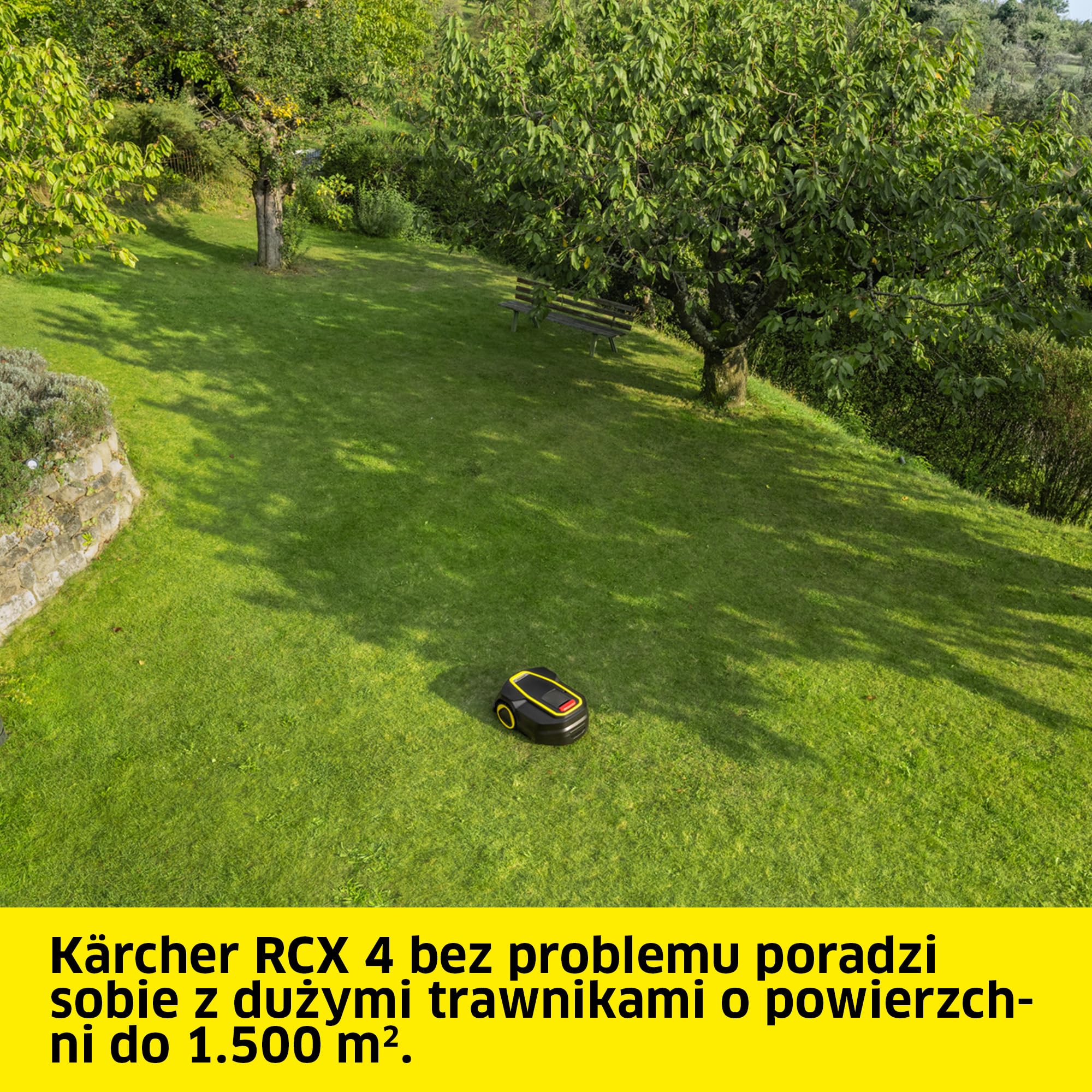 Kärcher robot koszący RCX 4 bez kabla ograniczającego, wydajność do 1.500 m², koszenie równoległymi pasami, do 60% nachyleni, napęd 4x4, rozpoznawanie jeży, GPS + RTK + kamera