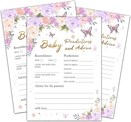 Juego de baby shower para niñas, predicciones y consejos de bebé de mariposa morada para baby shower, decoración de fiestas de revelación de género,