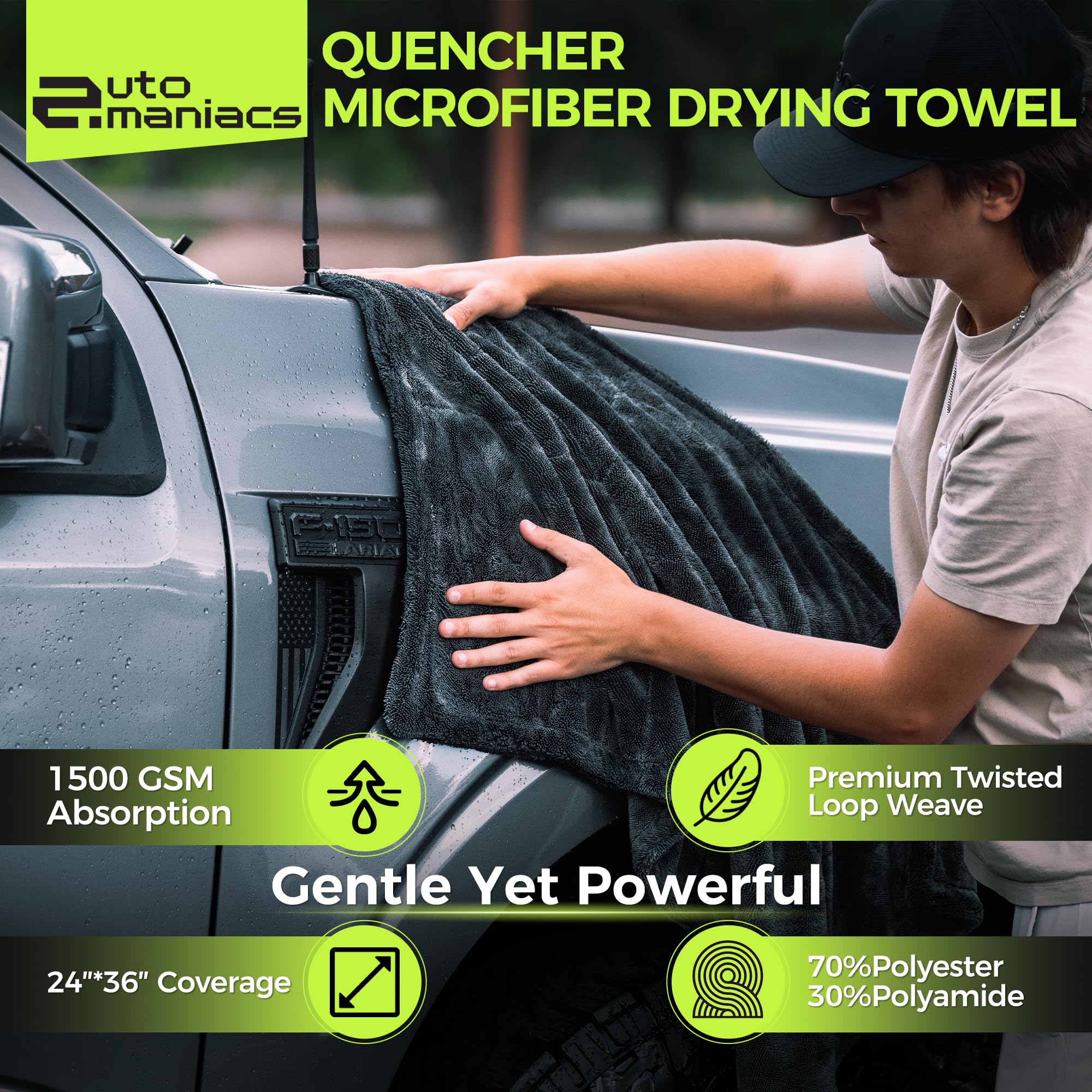 AutoManiacs Drying Towel for Car Detailing 1500 GSM Ultra Super Absorbent 24x36 XL Soft Microfiber Towels for Cars — view 4