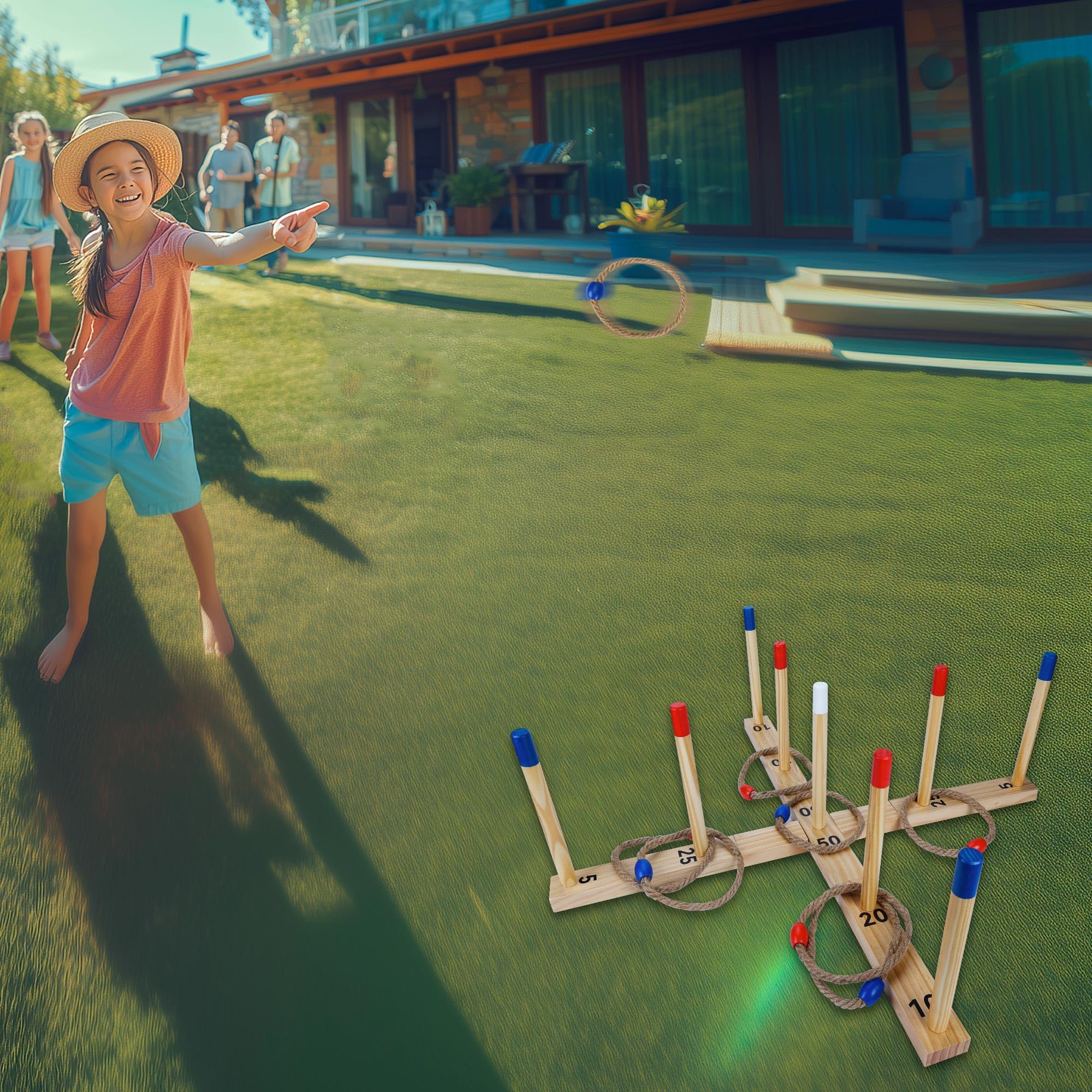 Extra großes Ringwurfspiel für Erwachsene und Kinder, 76,2 cm, Holzringwurfspiel, Outdoor-Spaß mit 9 Stangen, 10 Ringen und Tragetasche, einfach aufzubauen und kompakt zu tragen, tragbare Hofspiele