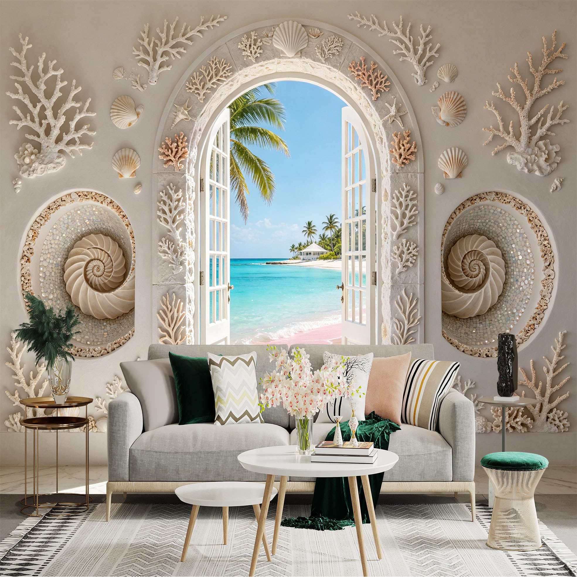 Custom Size Wall Sticker Mural， Tropical Beach View with Coral Archway， Seashell Wall Art and Ocean Scenery， for wall Decoration， peelandstick wall Decals.