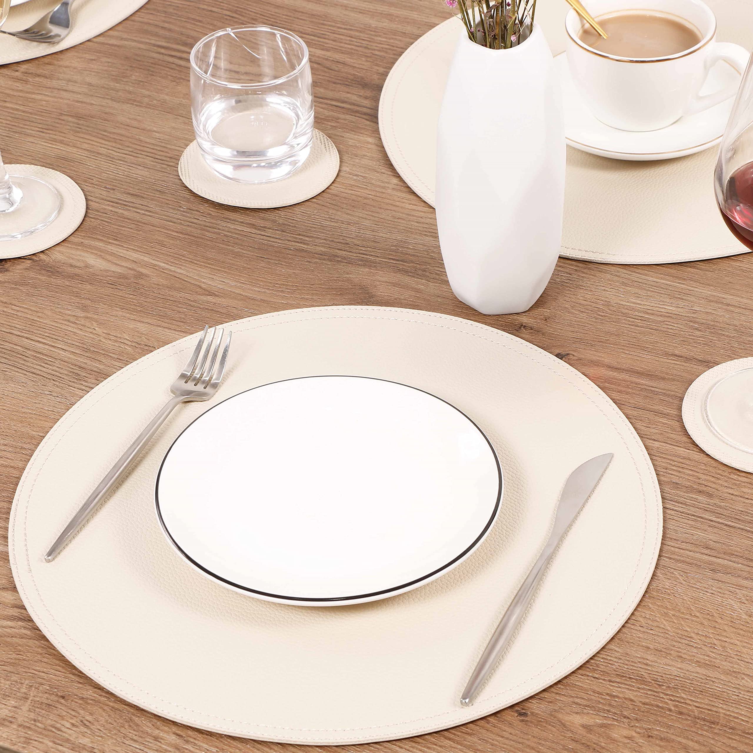 Jovono Set di 6 tovagliette rotonde e sottobicchieri in ecopelle, per cucina, tavolo da pranzo, impermeabili, facili da pulire, per cucina, tavolo da pranzo, tavolo rotondo