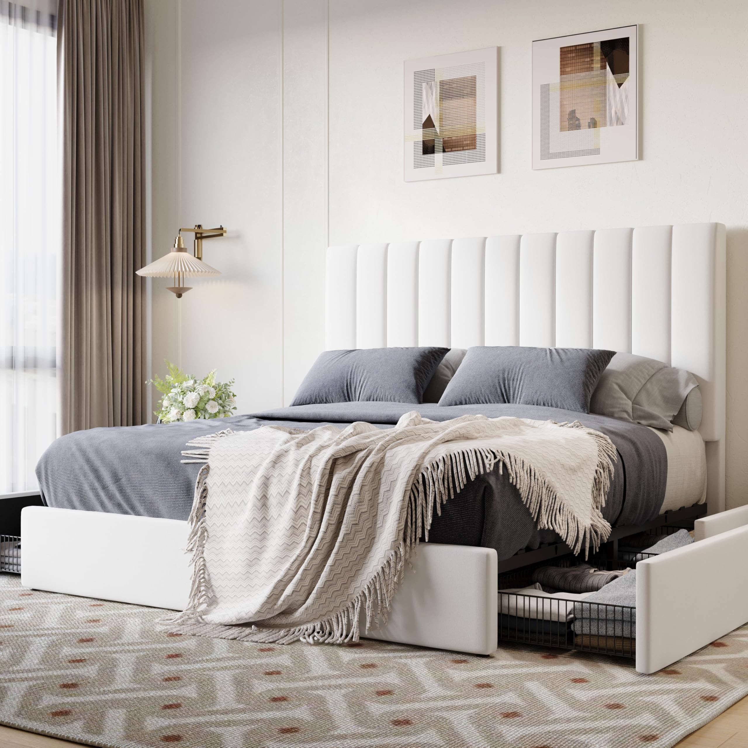 SHA CERLIN Queen Size Platform Bed Frame with 4 Storage Drawers, Vertical Channel Tufted Adjustable Headboard, Velvet Upholstered, Wooden Slats