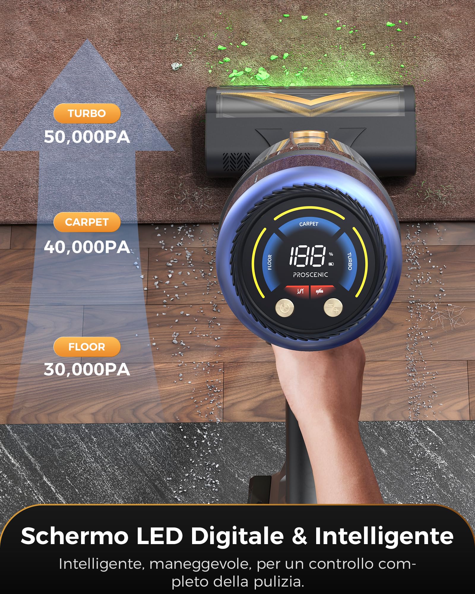 Proscenic P15+ Aspirapolvere Senza Fili, 580W/70 Min/55Kpa Scopa Elettrica Senza Fili Potente, Asta Telescopica Regolabile e Design Autoportante, Tecnologia GreenEye, per Pavimenti/Tappeti
