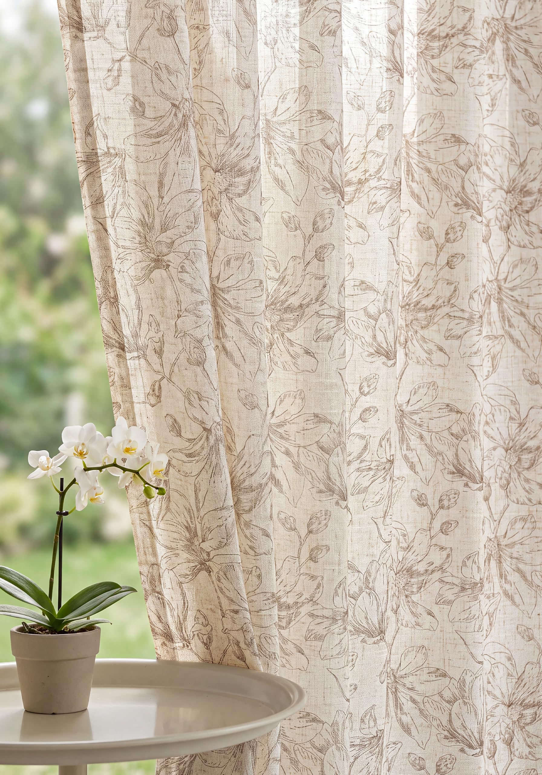 THREE GIRLS Beige Floral Linen Curtains Vintage Farmhouse,108 Inches,Light Filtering Block Print Curtains,Sheer Patterned Drapes,Rod Pocket Cottage Window for Living Room Bedroom Dining Room,2 Panels