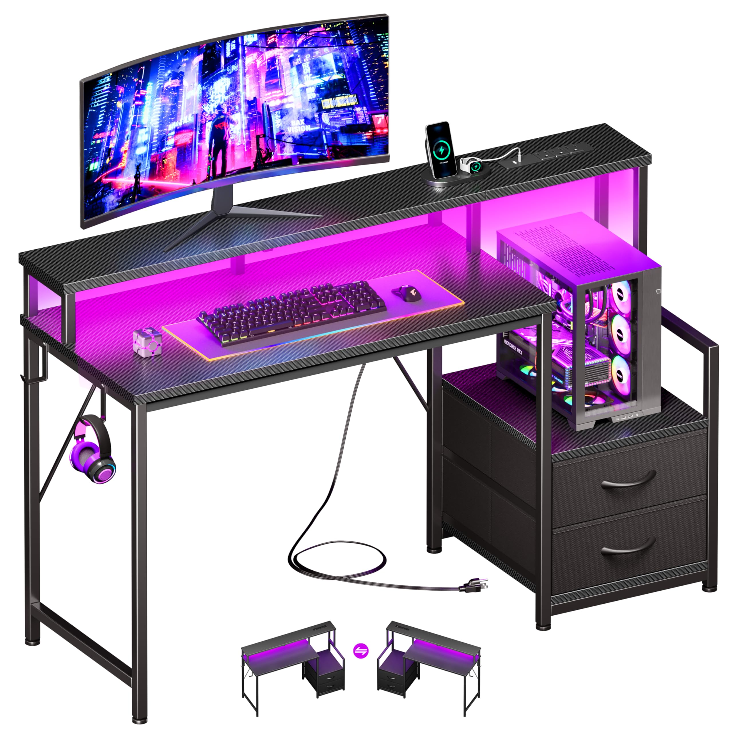 Korfile 47-inch Gaming Desk fully assembled with dual monitors, LED lighting, and side storage.