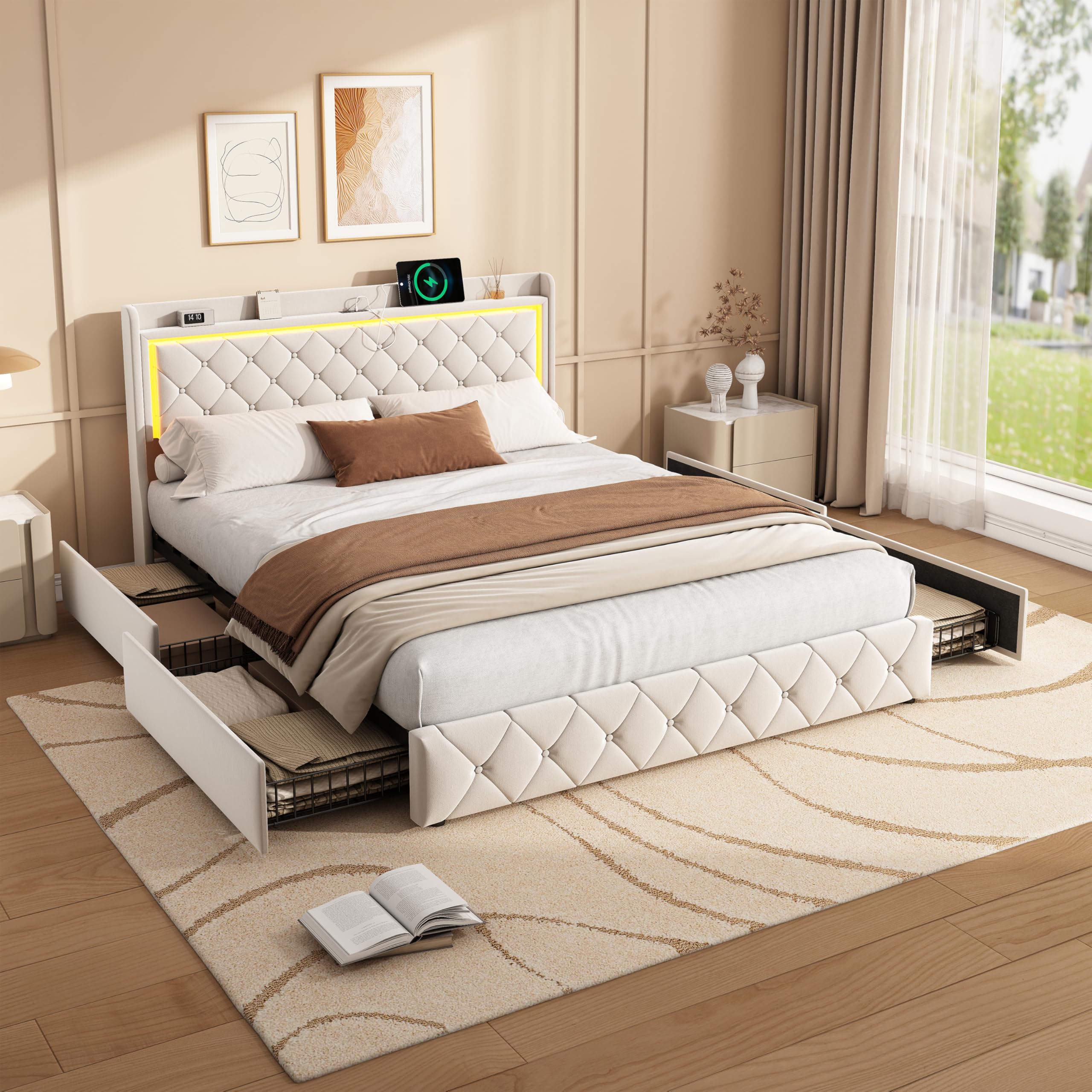Cama Tapizada 140x190 con almacenaje,Cama Matrimoniales con 4 Cajones Cama Doble con Somier Cama Acolchada con USB y Luz LED Marco de Cama con Cabecero Cama Juvenil, Terciopelo Beige, Sin Colchón