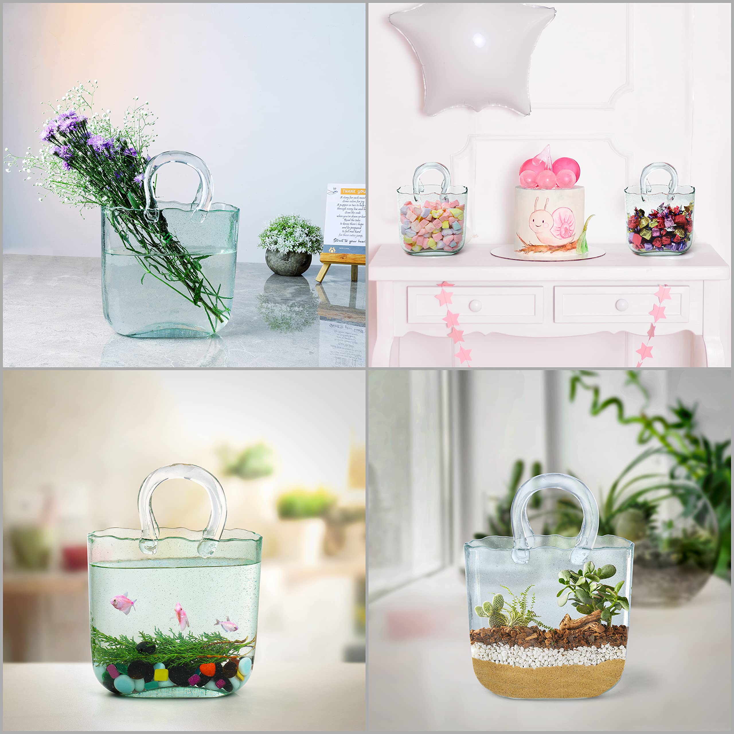 Vaso Trasparente a Forma di Borsa - Vetro da Interno per Fiori, Frutta, Pesciolini, Caramelle - Design con Effetto Bolle d'Acqua - Accessori Moderni per la Casa