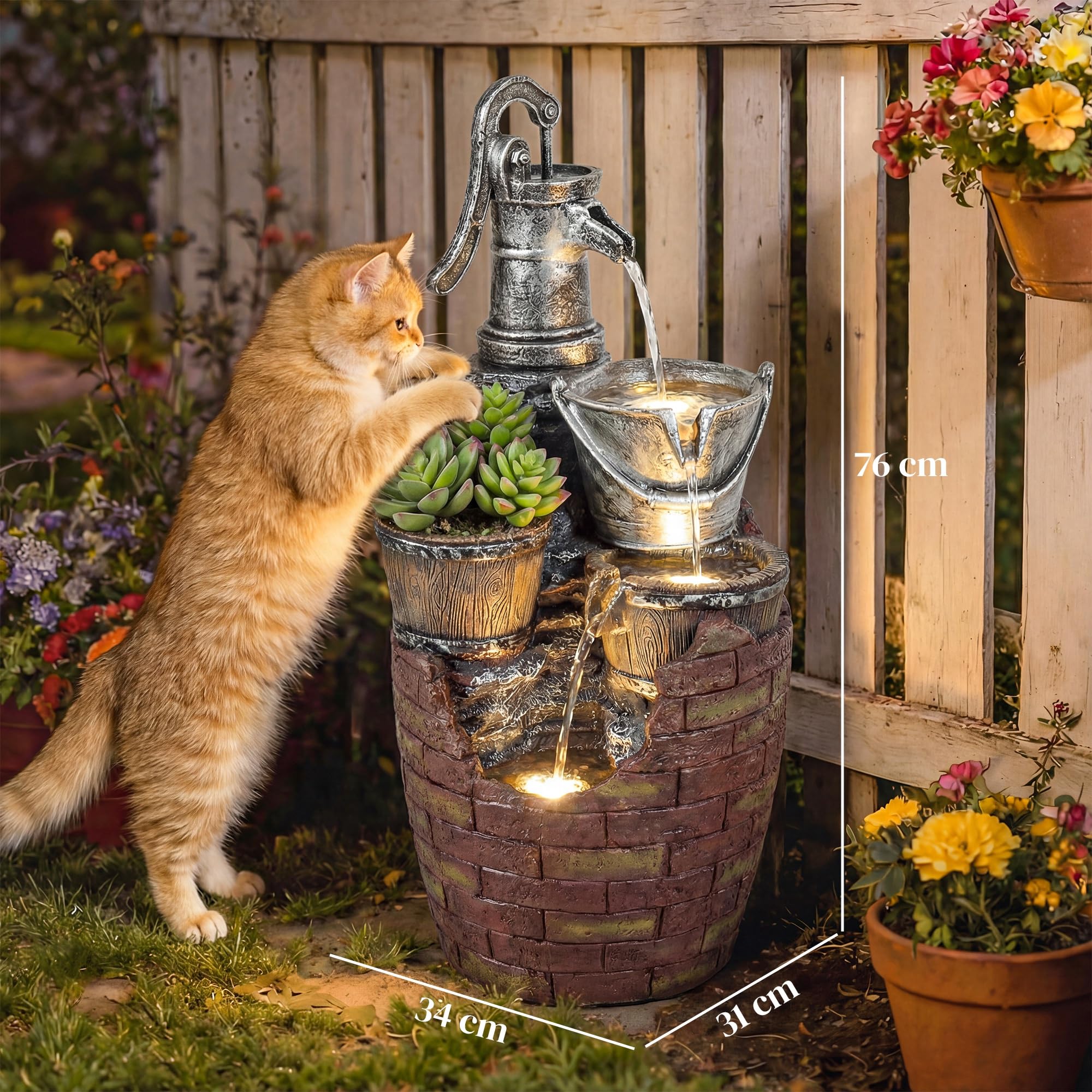 Outsunny Springbrunnen 4-stufig rustikal Gartenbrunnen mit LED Beleuchtung Pflanzkübel Pumpe, Verstellbar Zimmerbrunnen Terrassenbrunnen Wasserspiel Zierbrunnen für Garten Rasen 34 x 31 x 76 cm