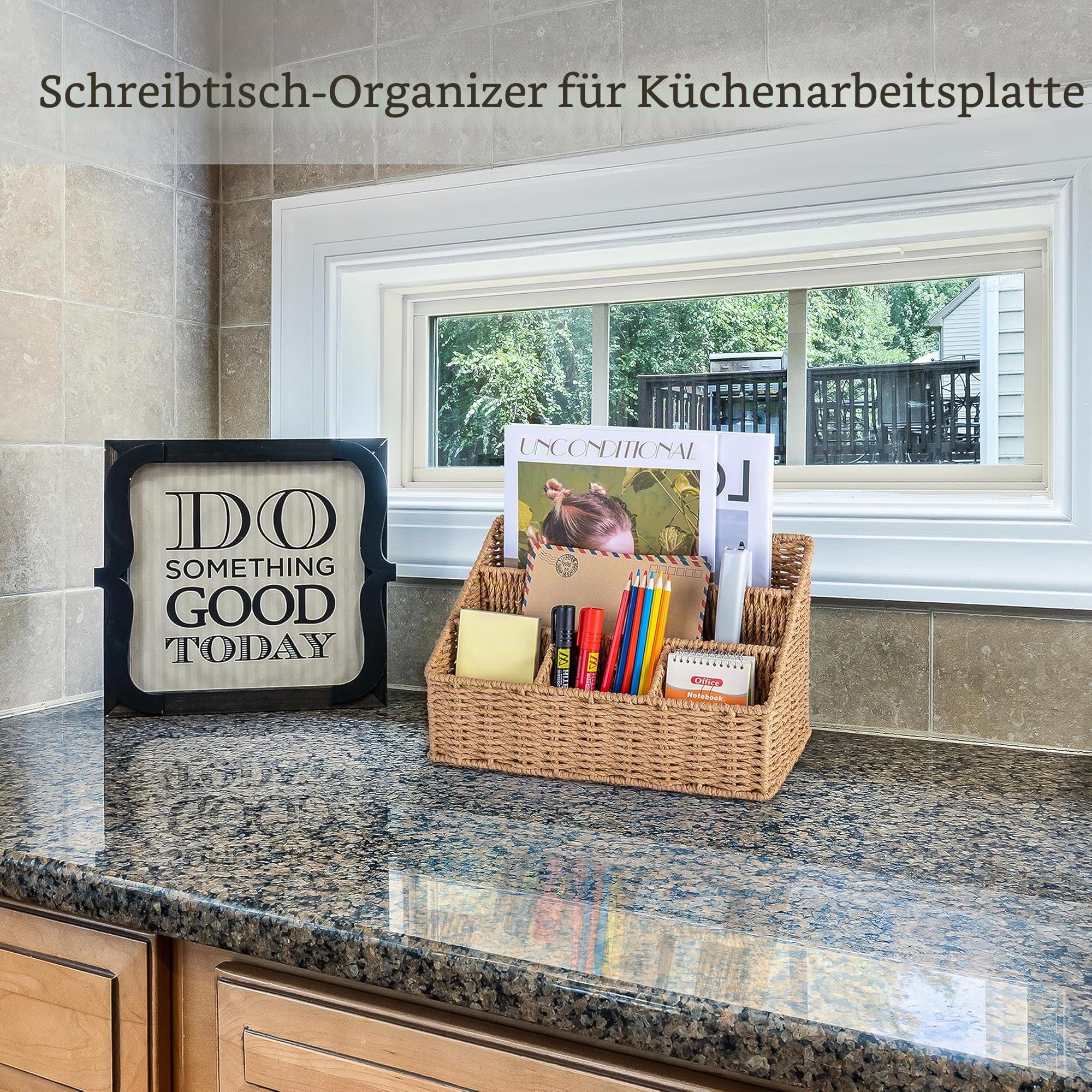 DINGTAI Natur Gewebter Schreibtisch Organizer, 5 Fächer Tisch Büro Organizer für Büroutensilien,Umschlag, Notizzettel und Stifte